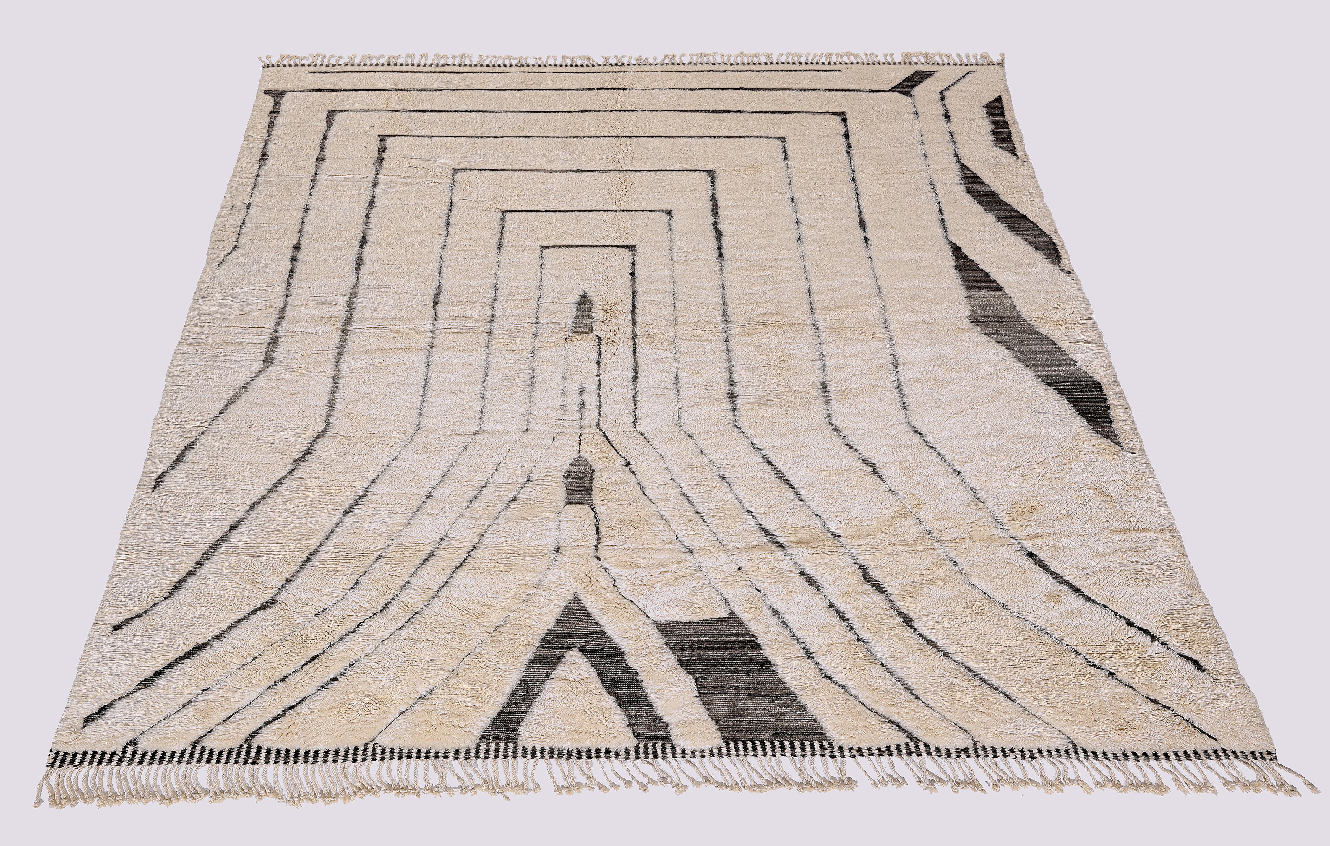 Alfombra moderna marroquí Beni Mrirt - Diseño lineal de ilusión óptica en lana, 8'x11' Siglo XXI y contemporáneo en venta