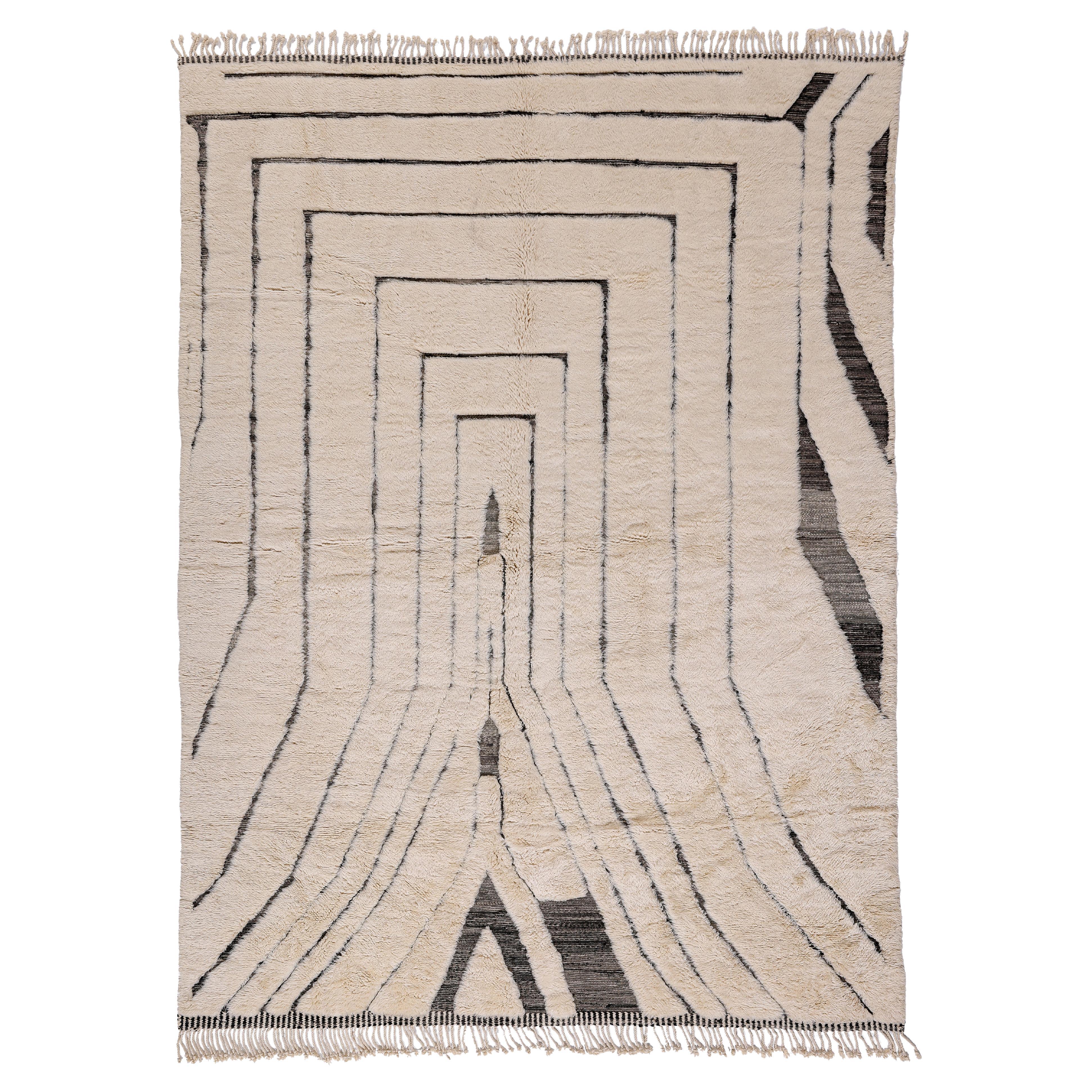 Alfombra moderna marroquí Beni Mrirt - Diseño lineal de ilusión óptica en lana, 8'x11' en venta