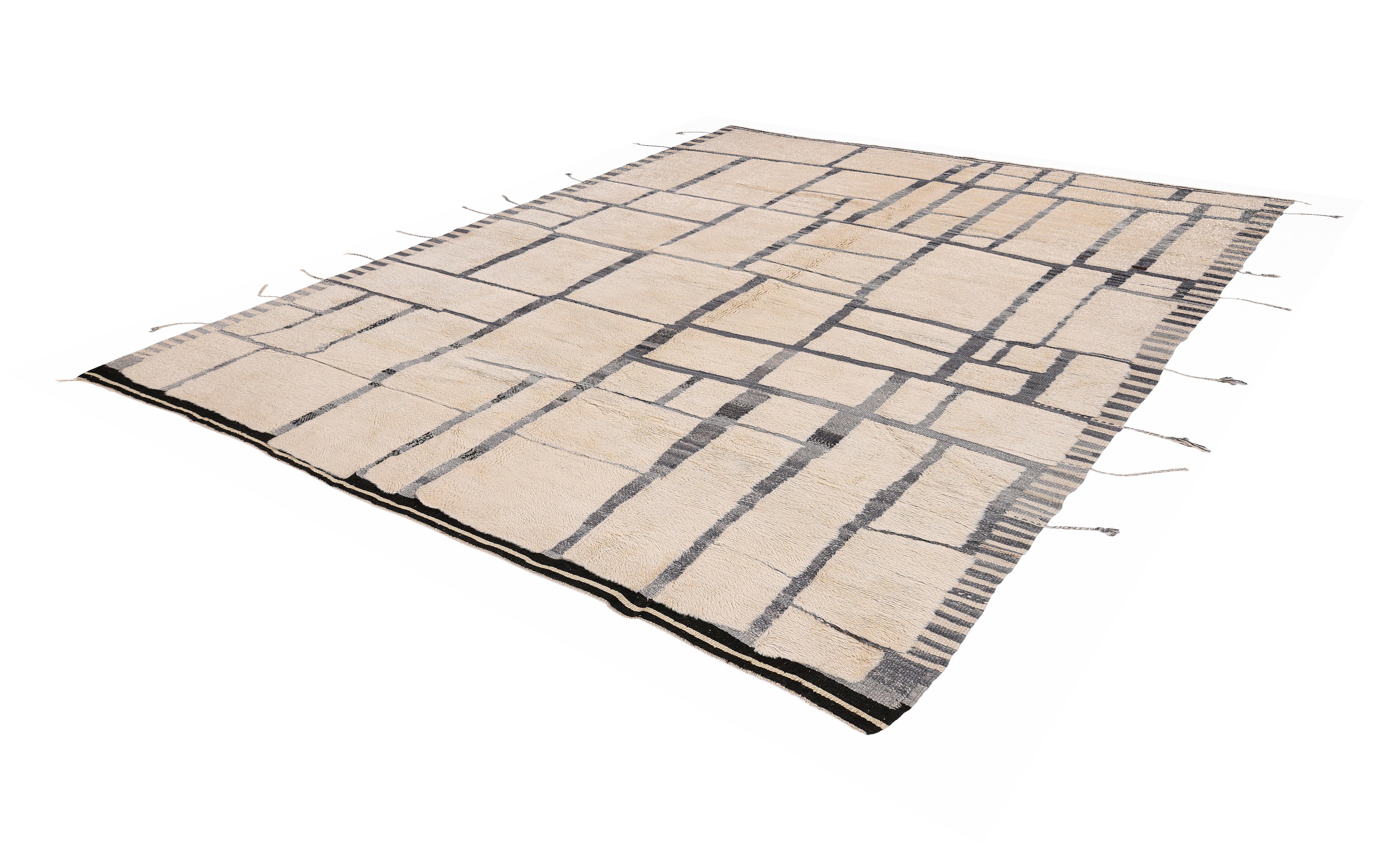 Alfombra moderna marroquí Beni Ourain - Tejida a mano  Lana con diseño cuadriculado abstracto Africano en venta