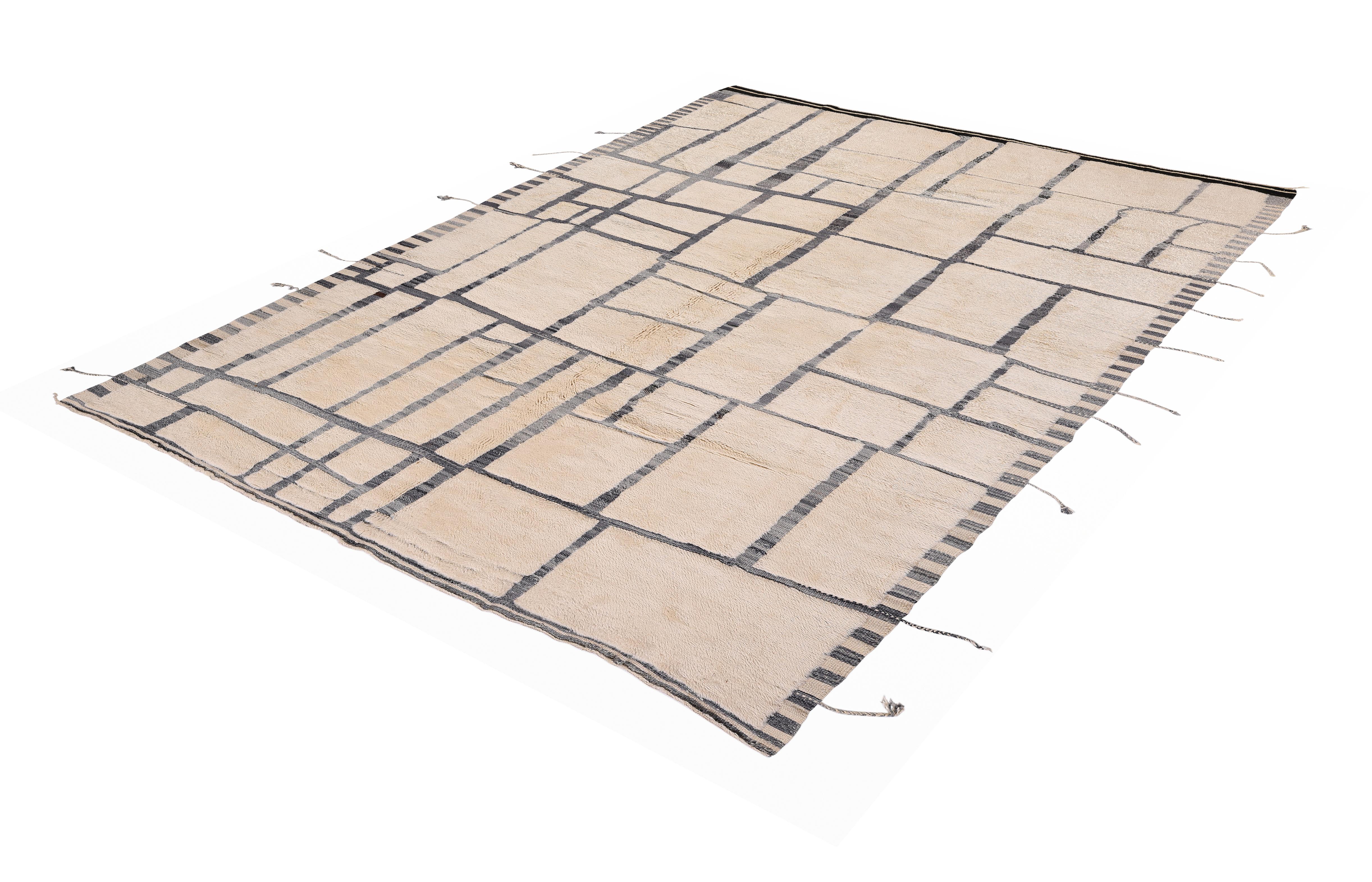 Alfombra moderna marroquí Beni Ourain - Tejida a mano  Lana con diseño cuadriculado abstracto Anudado a mano en venta
