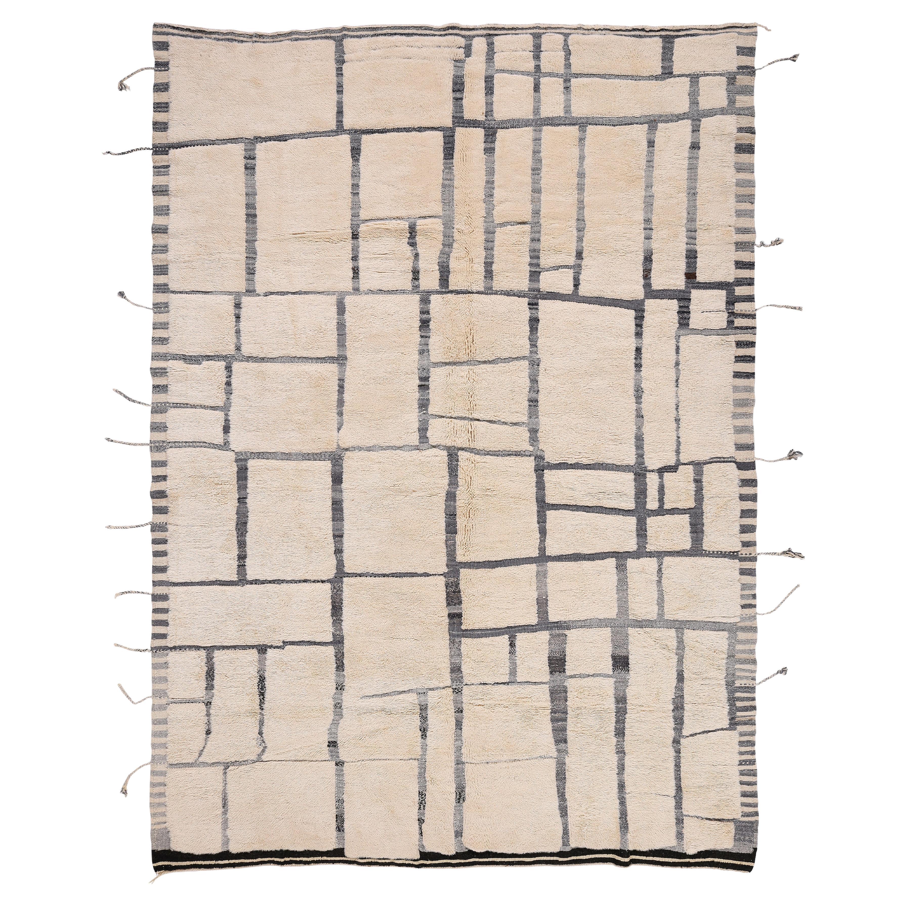Alfombra moderna marroquí Beni Ourain - Tejida a mano  Lana con diseño cuadriculado abstracto en venta