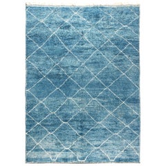 Modern Moroccan Beni Ourains, Shaggy Tribal Blue and White Hand Knotted Wool Rug