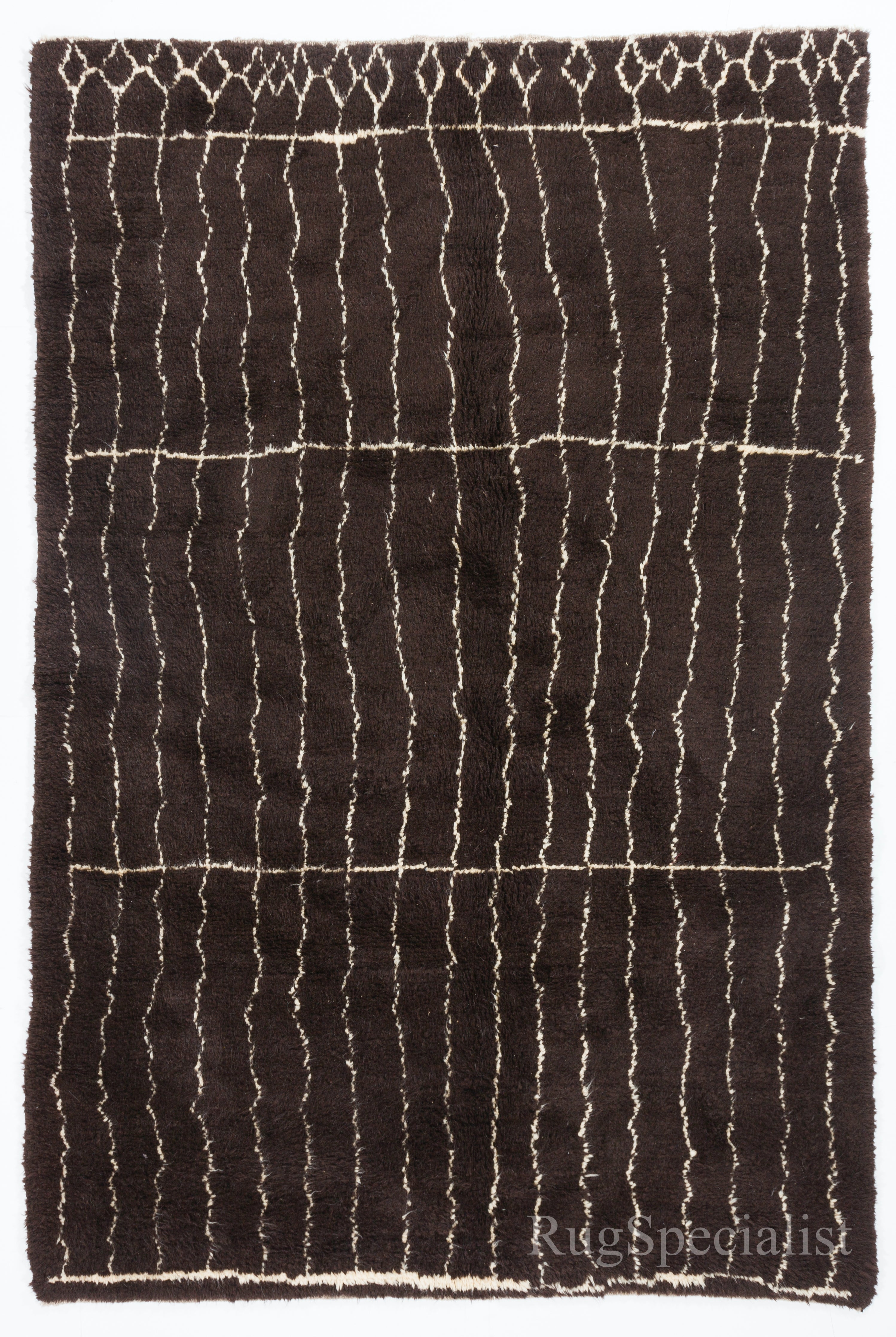 Moderna Alfombra Tulu Bereber Marroquí Anudada a Mano de Lana Marrón Oscuro y Crema en venta