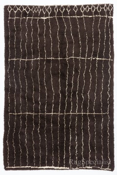 Modern Moroccan Berber Hand-knotted Tulu Rug Made of Dark Brown and Cream Wool