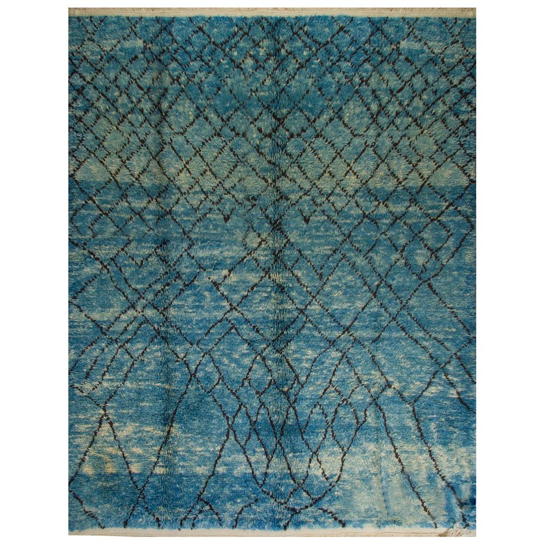 Modern Moroccan Berber Rug in Indigo Blue, 100% Wool, Custom Options Available For Sale