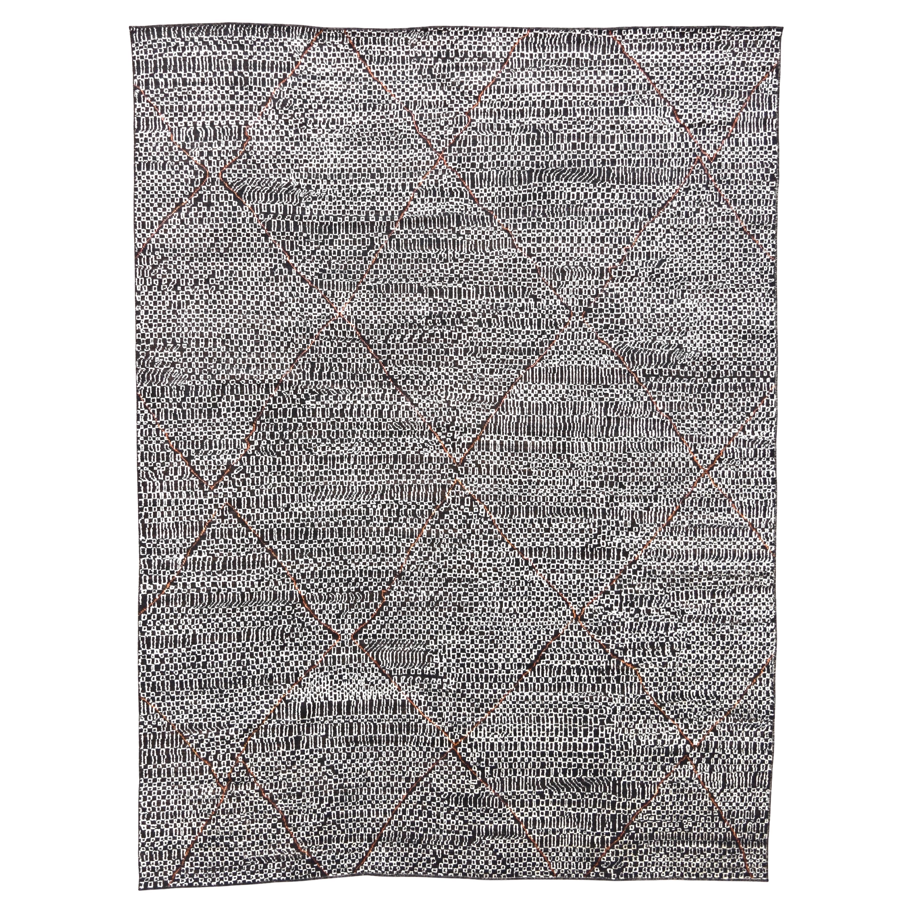 Moderner marokkanischer schwarzer und elfenbeinfarbener Wollteppich 10'4''x13'10''
