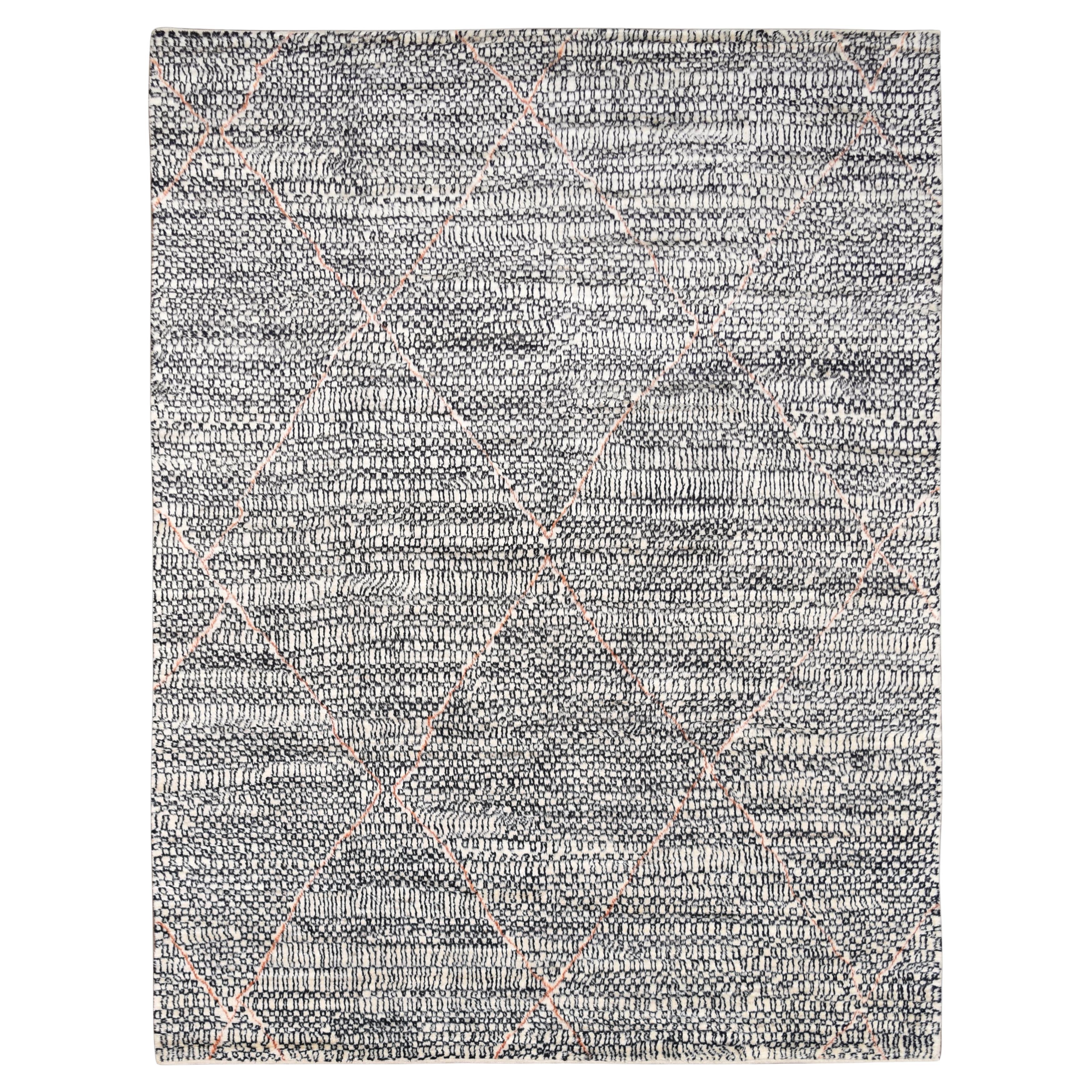 Modern Moroccan  Black, Ivory & Coral Diamond Patterned Wool Rug 9'4''x12'2''
