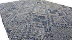 Modern Moroccan Blue and Ivory Diamond Motif Wool Rug 10'5''x13'10''
