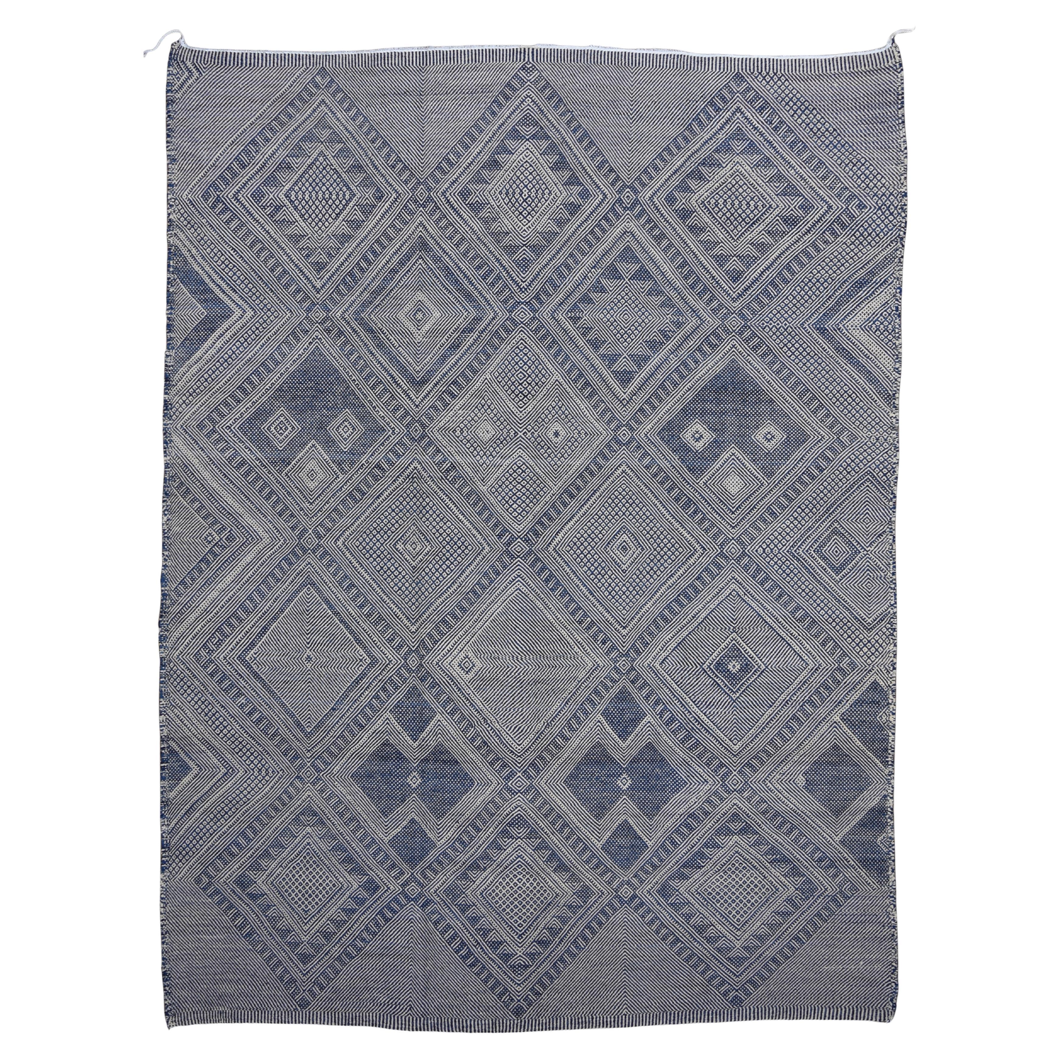 Modern Moroccan Blue and Ivory Diamond Motif Wool Rug 10'5''x13'10''
