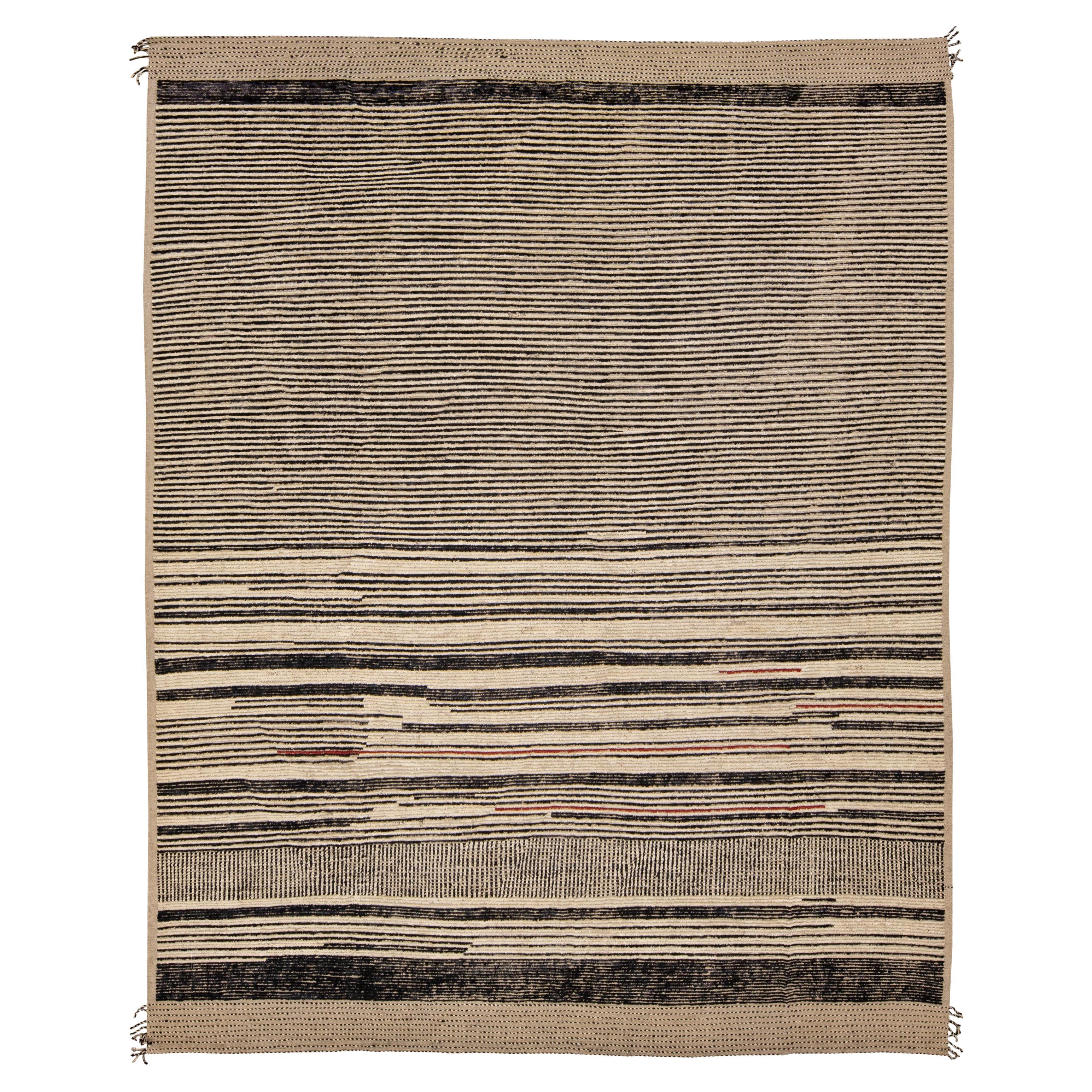 Modern Moroccan Bohemian Style Black And Beige Handmade Striped Motif Wool Rug For Sale
