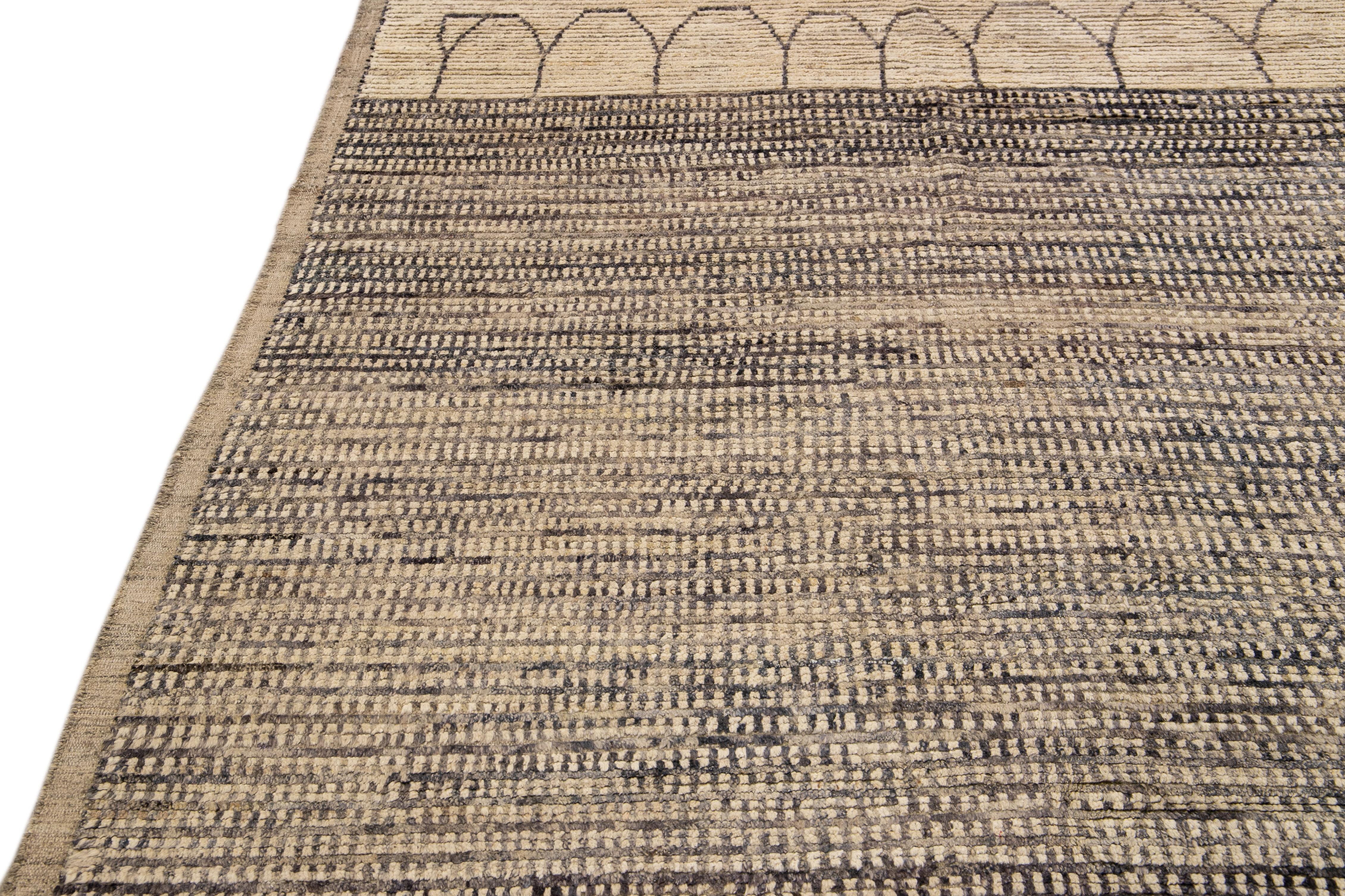Modern Moroccan Bohemian Style Handmade Beige Square Wool Rug For Sale 2