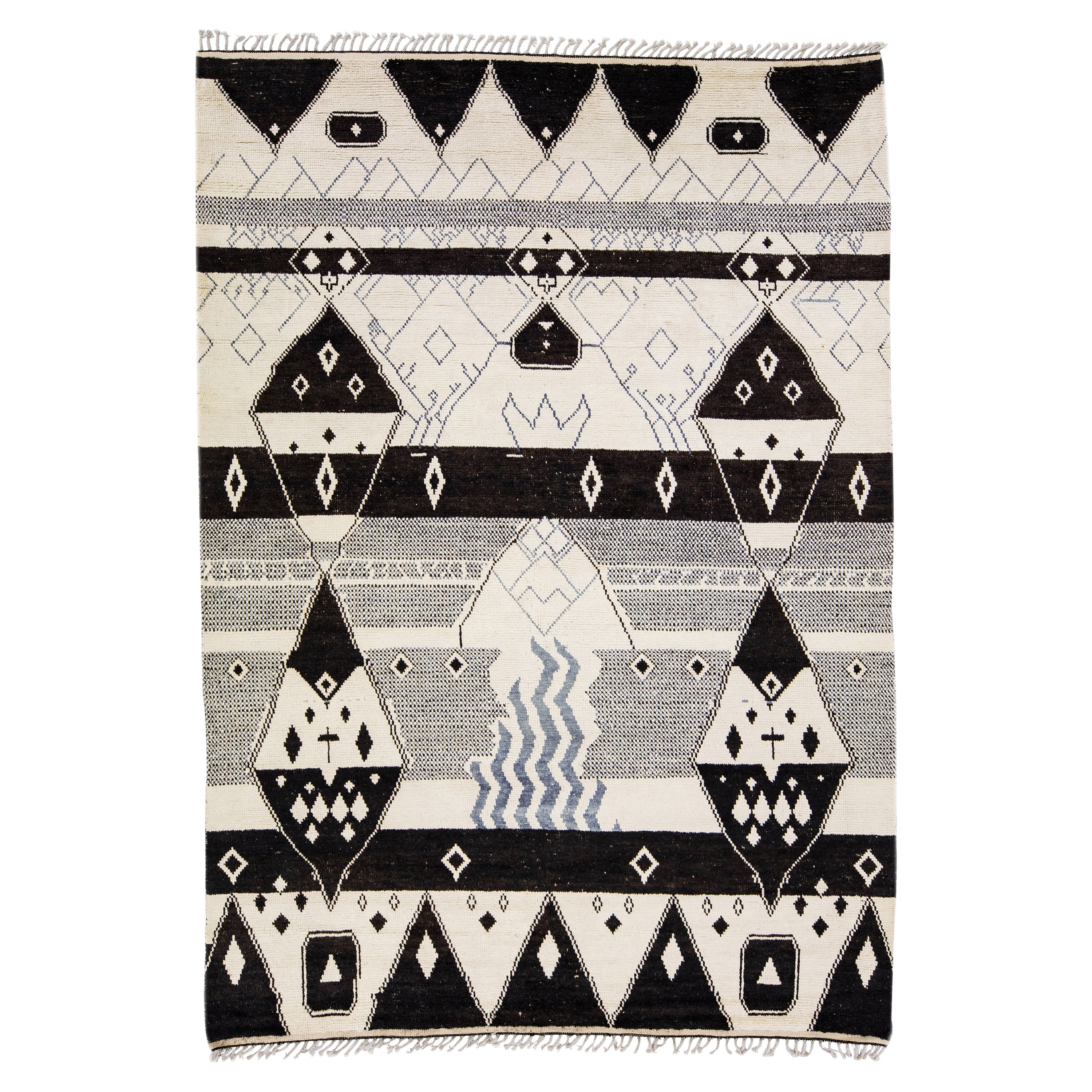 Tapis moderne marocain de style Boho en laine beige et noire fait à la main