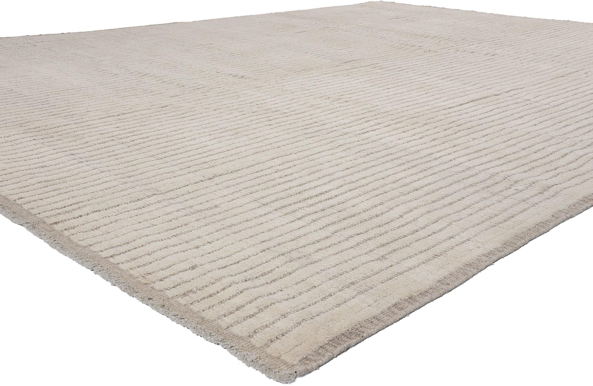 81072 Organic Modern Striations Moroccan Rug, 09'00 x 12'00. The robust character of Brutalism seamlessly intertwines with the serene simplicity of Japanese minimalism in this hand knotted wool Organic Modern Moroccan rug. Crafted with meticulous