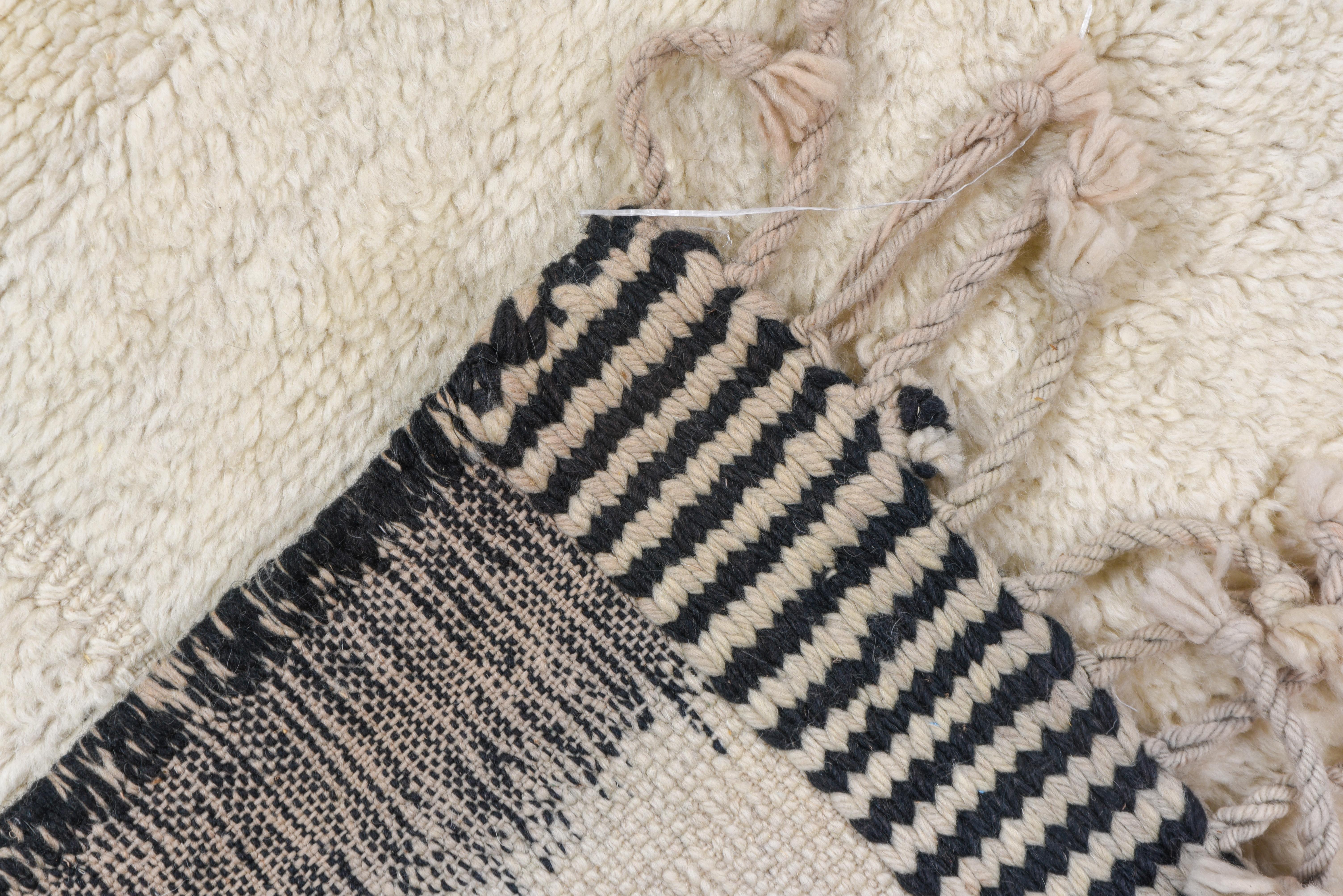Wool Modern Moroccan Carpet, High Low Ivory Field, Brown Kilim Borders