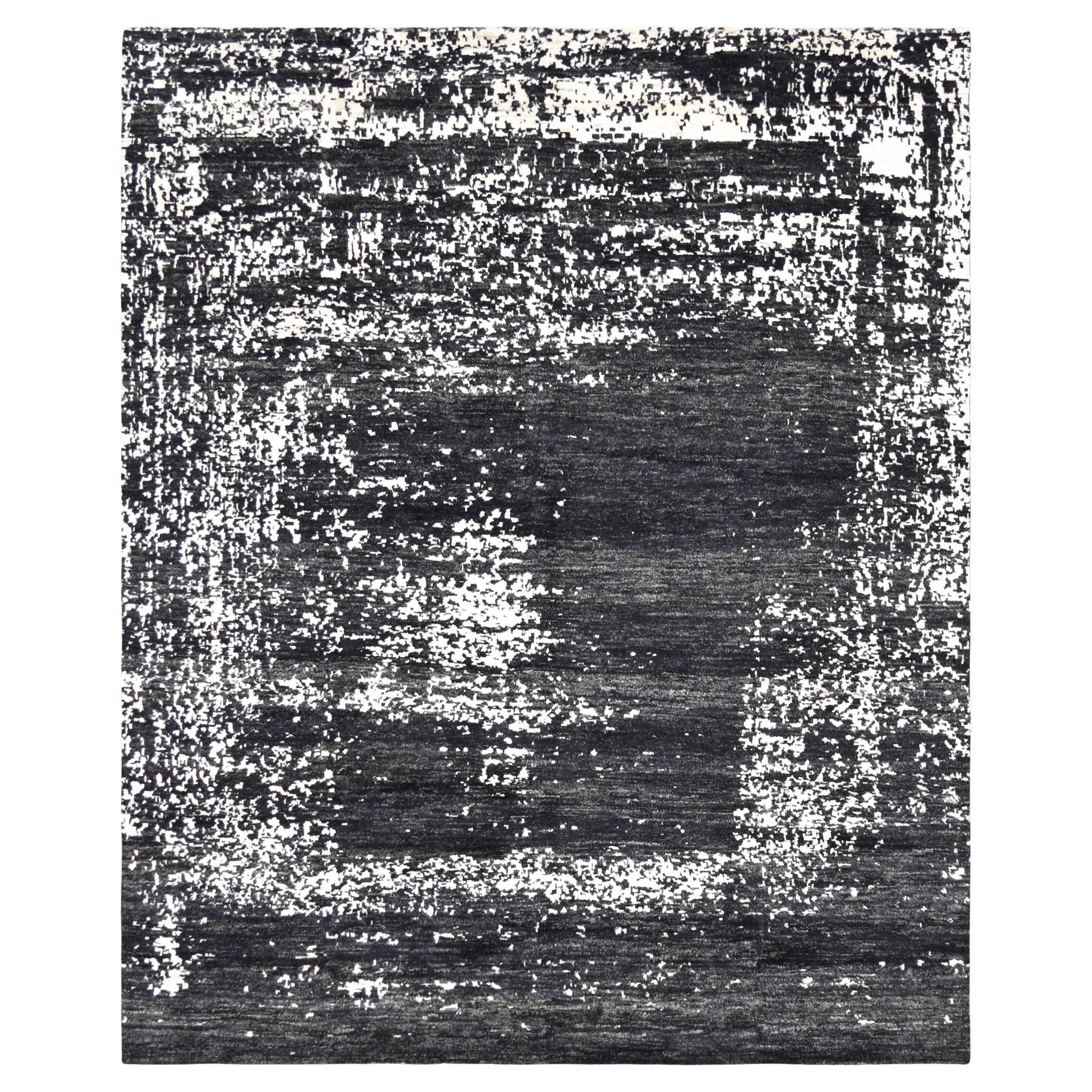 Modern Moroccan Charcoal and Ivory Abstract Border Wool Rug 8'1''x9'10''