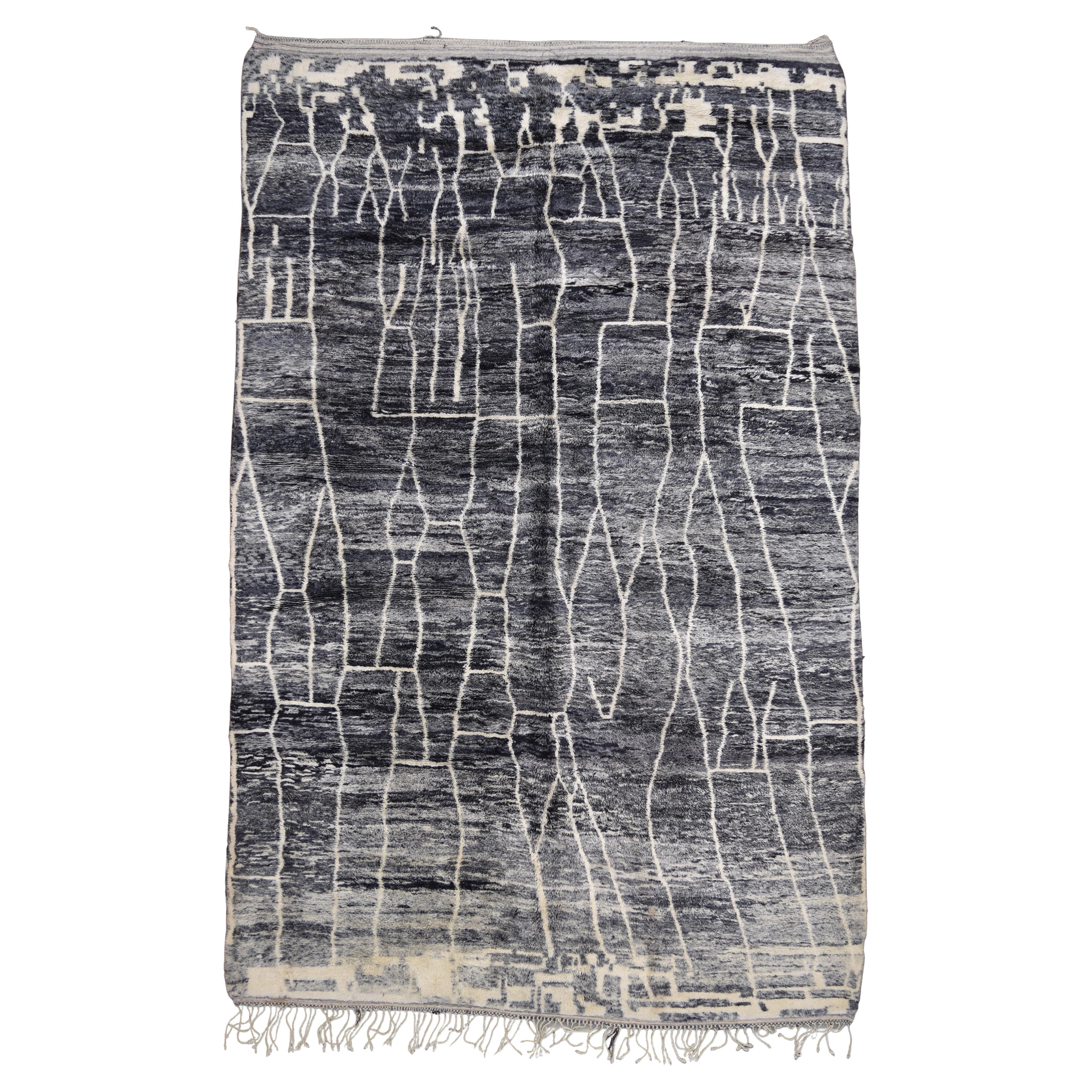 Modern Moroccan Charcoal Ivory Wool Rug 10'9''x17'