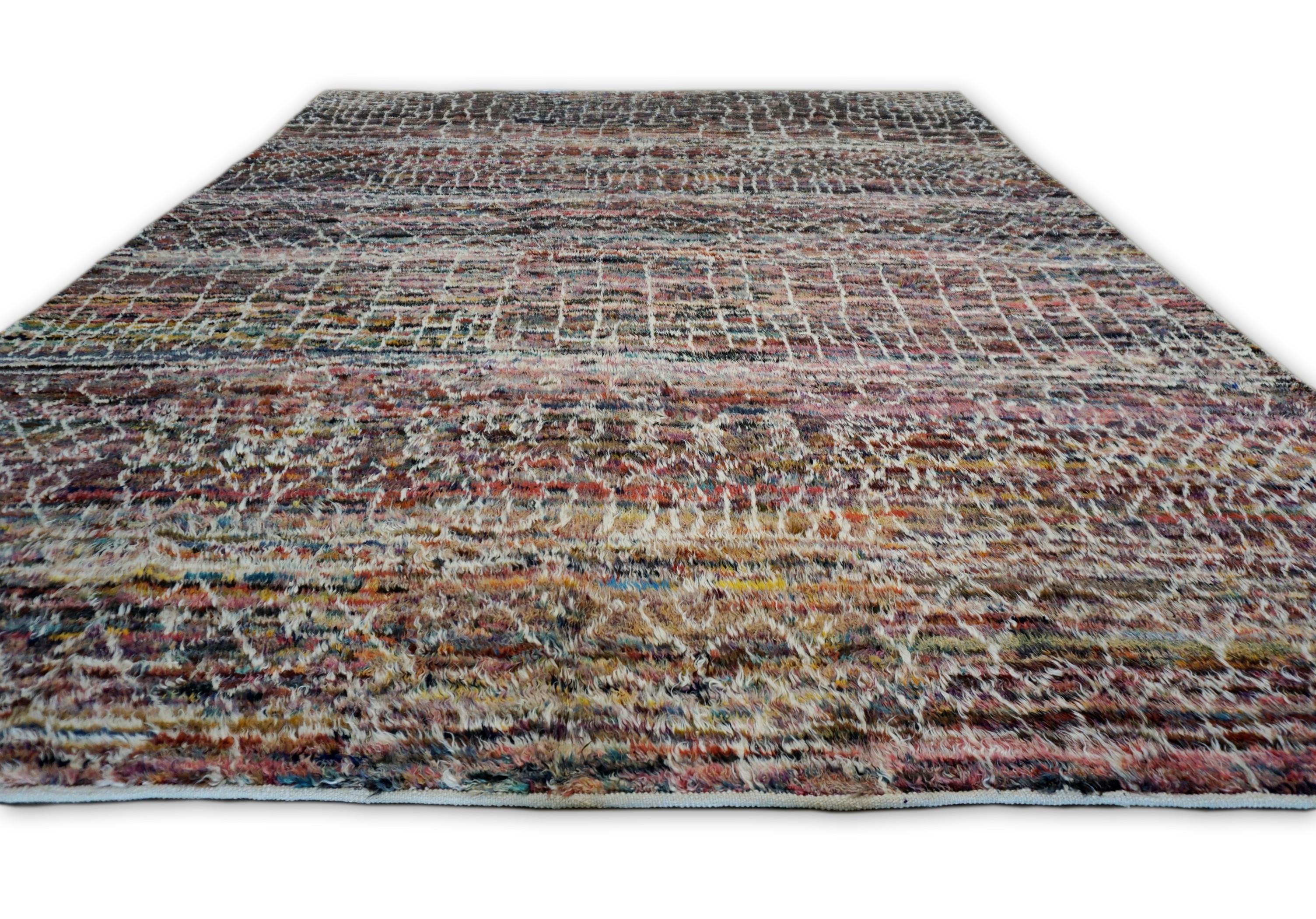 Hand-Knotted Modern Moroccan Colorful Wool Rug 10'2''x13'1'' For Sale