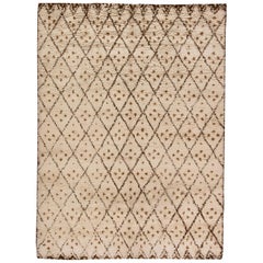 Modern Moroccan Geometric Beige and Brown Hand Knotted Wool Rug