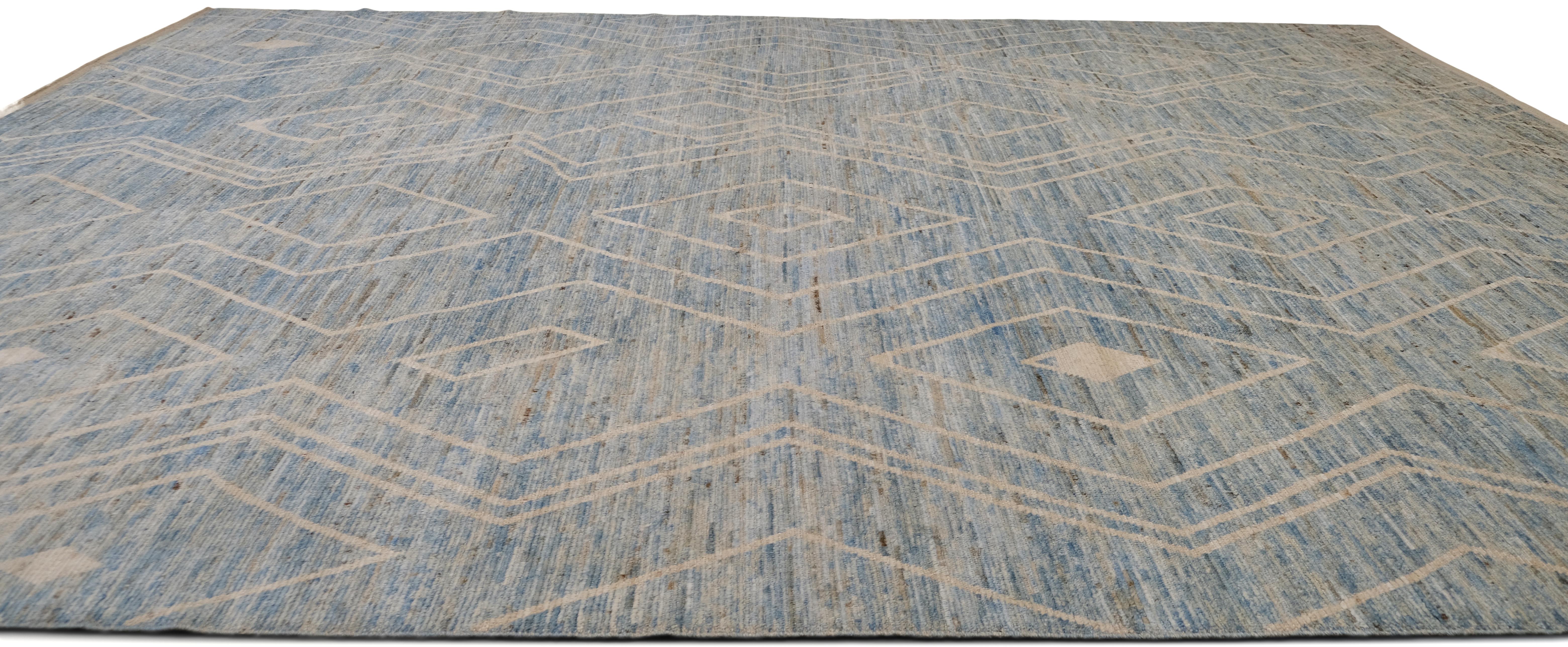 Hand-Knotted Modern Moroccan Geometric Patterned Wool Rug 13'5''x18' For Sale