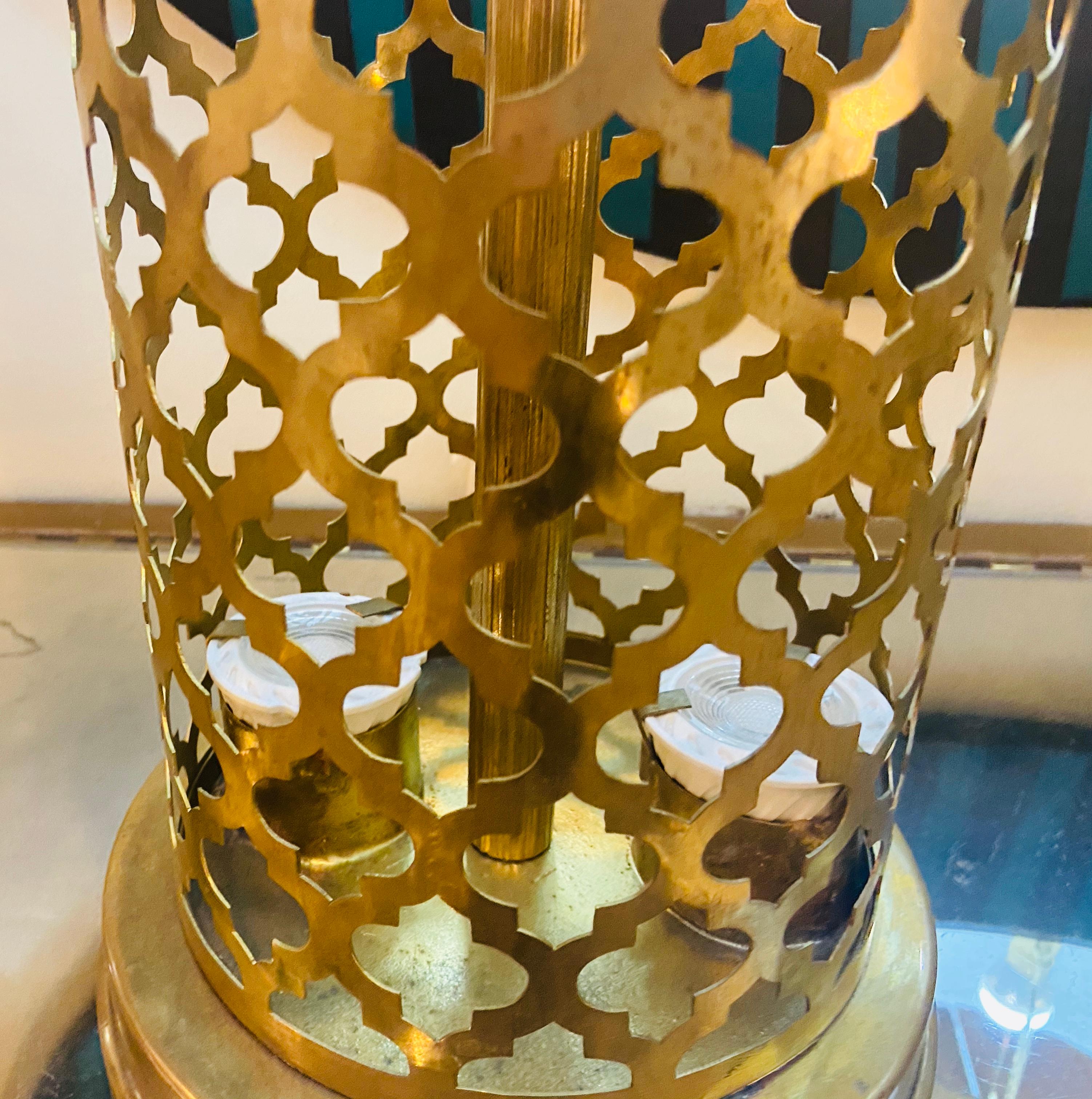 Modern Moroccan Gold Brass Table Lamp Handmade, Bottom & Upper Light, a Pair  For Sale 7