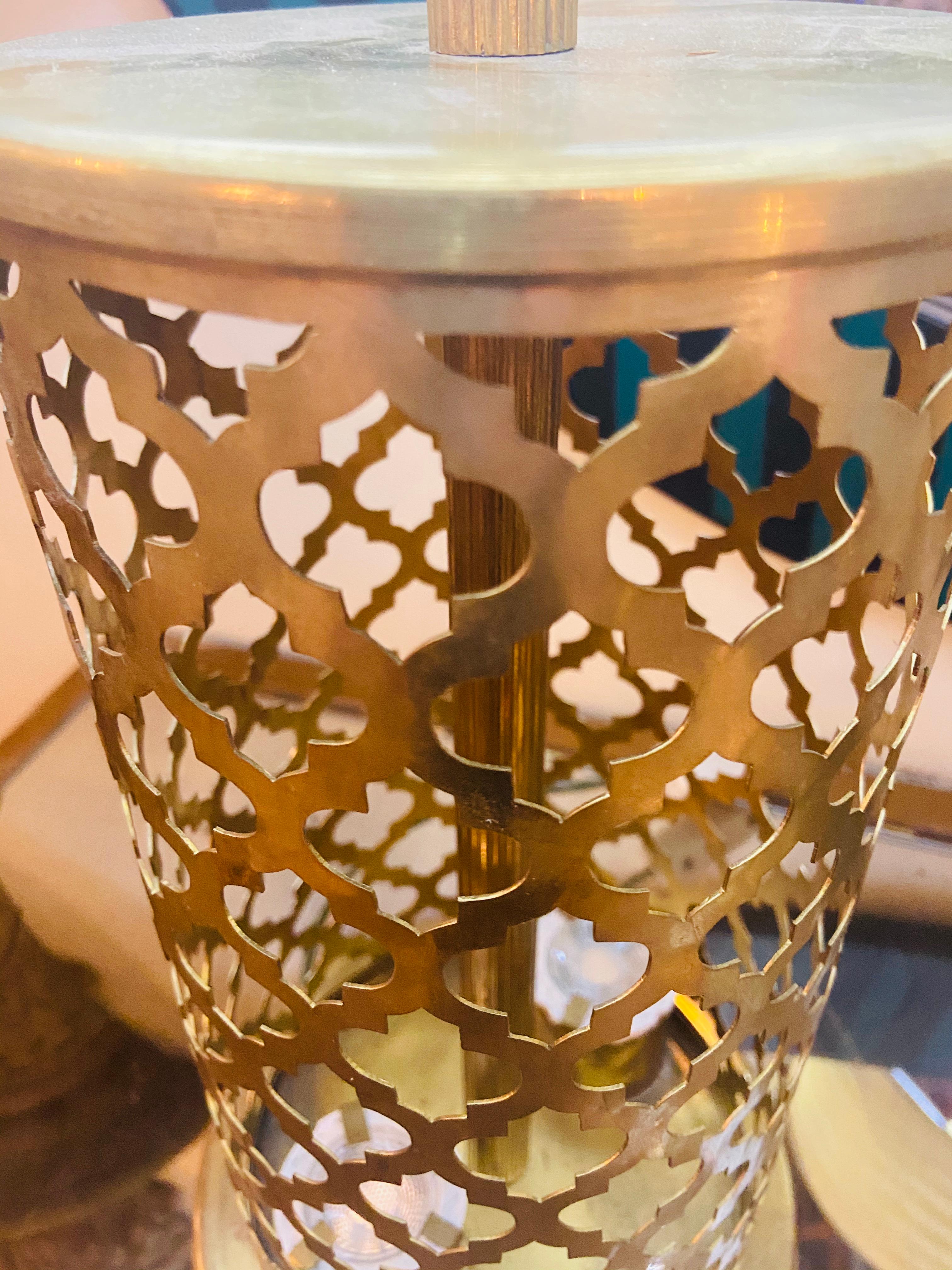 Modern Moroccan Gold Brass Table Lamp Handmade, Bottom & Upper Light, a Pair  For Sale 8