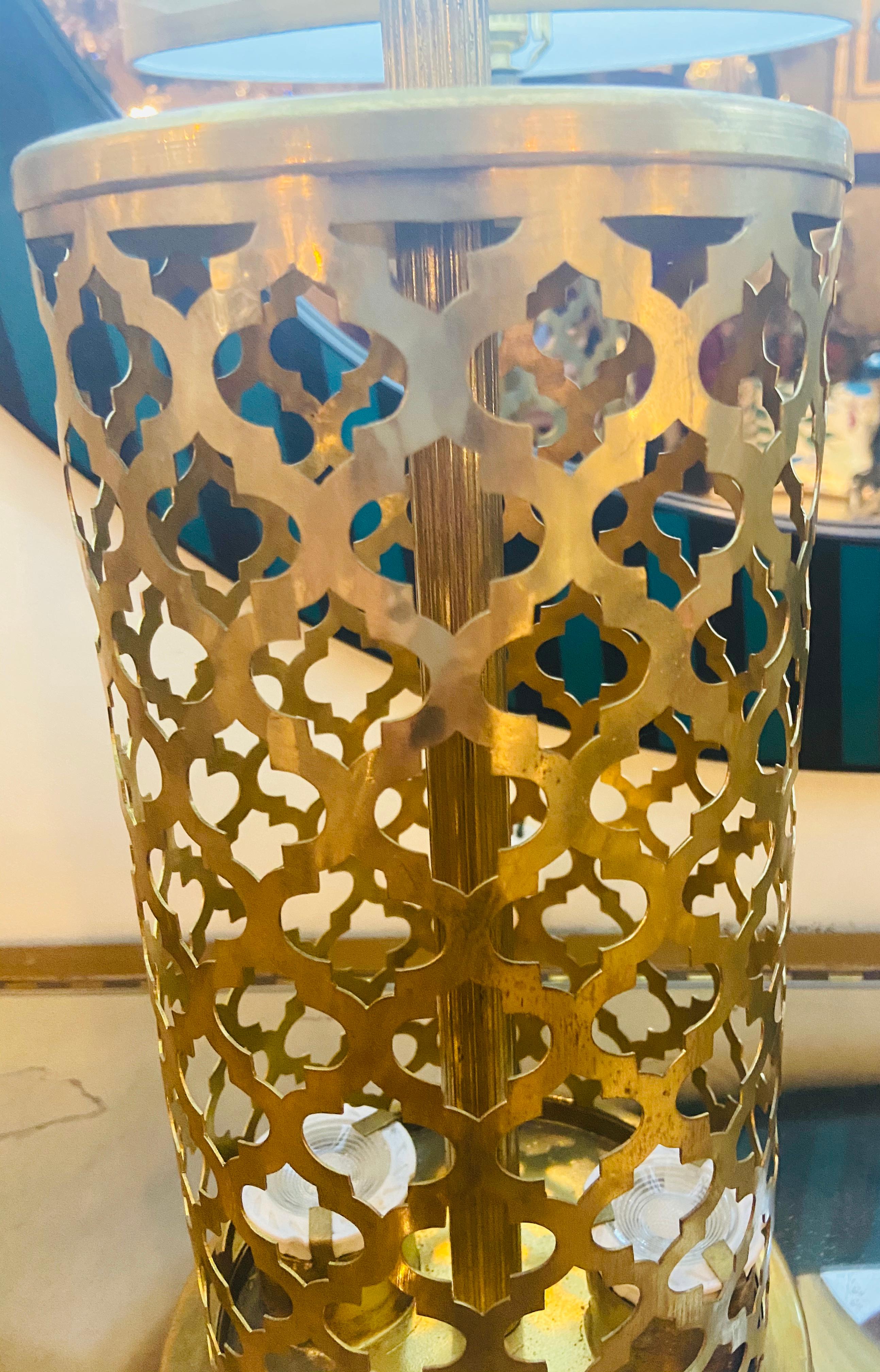 Modern Moroccan Gold Brass Table Lamp Handmade, Bottom & Upper Light, a Pair  For Sale 9