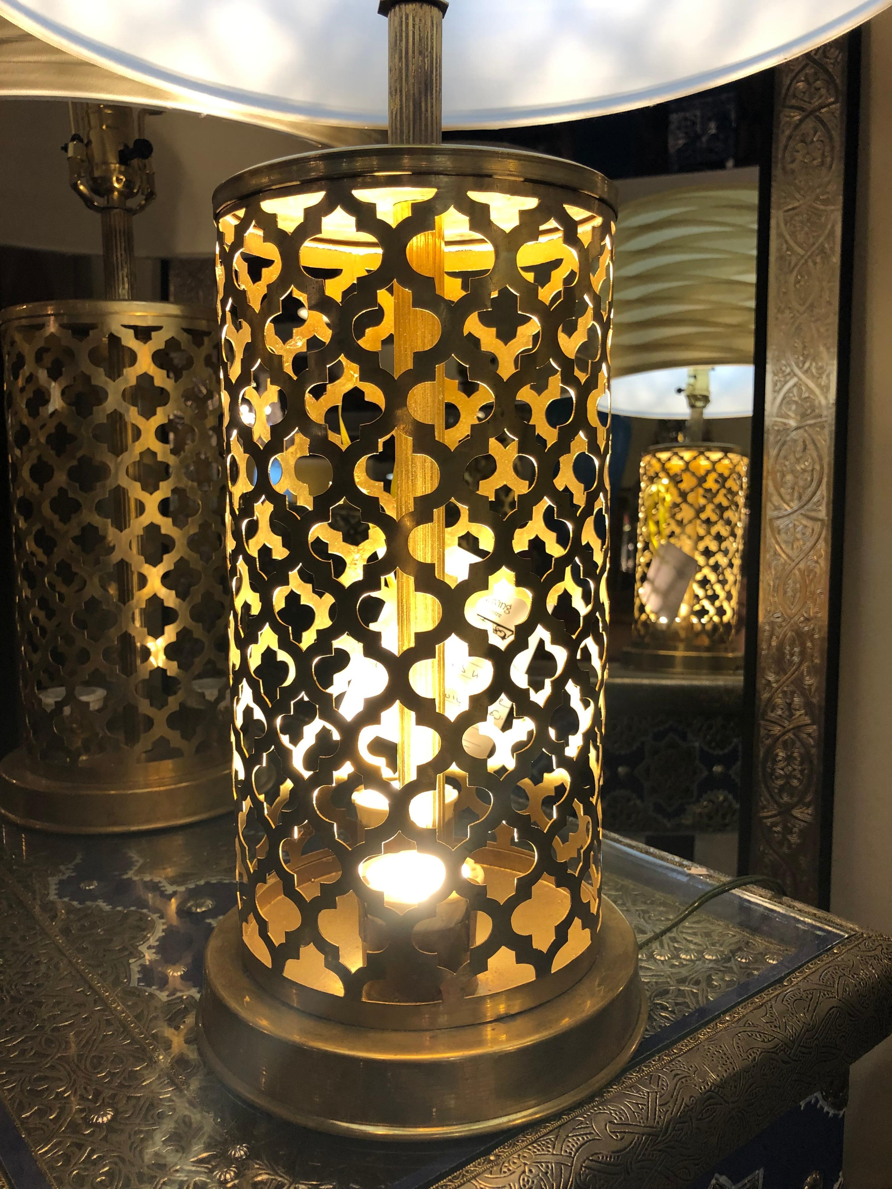 Modern Moroccan Gold Brass Table Lamp Handmade, Bottom & Upper Light, a Pair  For Sale 2