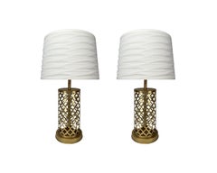 Modern Moroccan Gold Brass Table Lamp Handmade, Bottom & Upper Light, a Pair