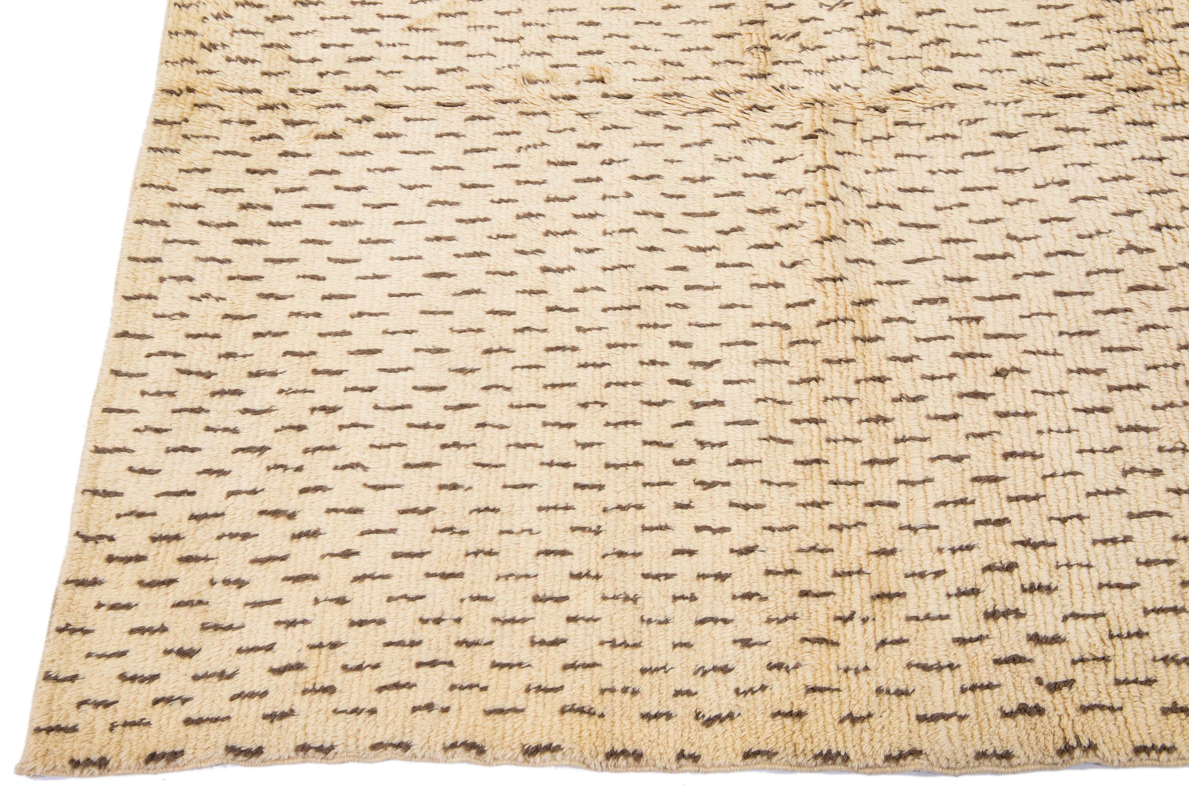 Hand-Knotted Modern Moroccan Handmade Boho Style Tan Beige Wool Rug For Sale