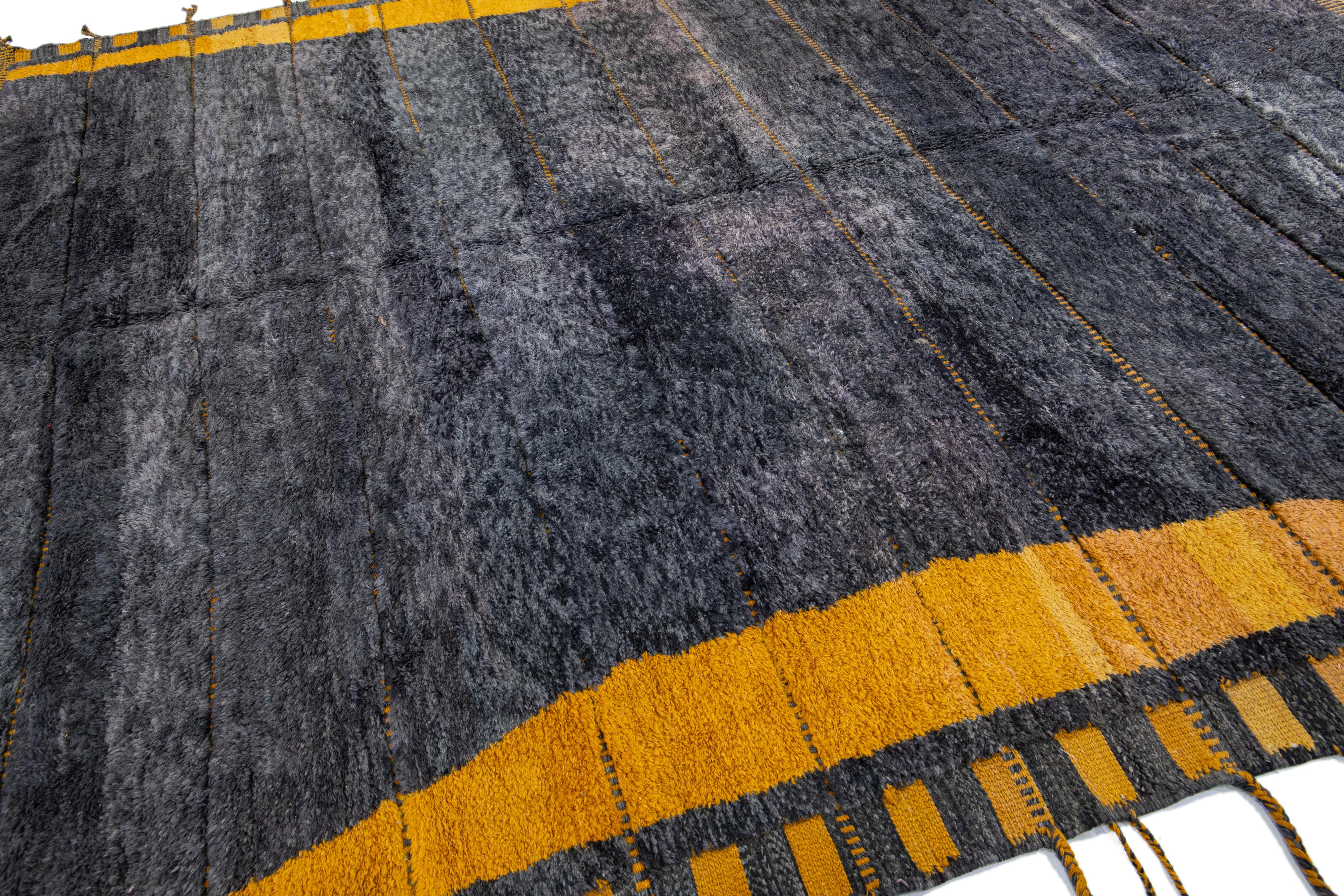 Modern Moroccan Handmade Gray and Yellow Wool Rug with Geometric Design In New Condition For Sale In Norwalk, CT