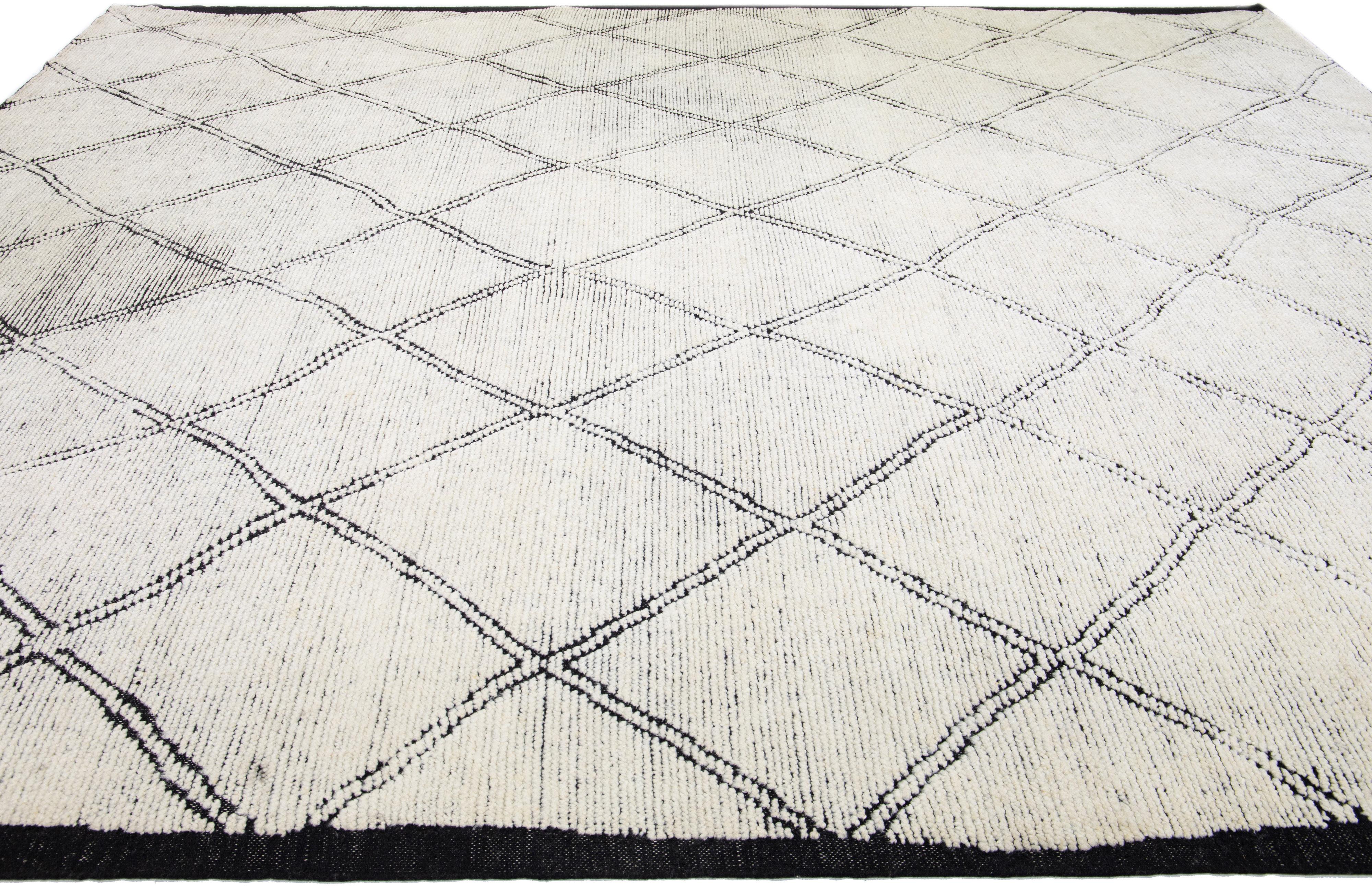 Hand-Knotted Modern Moroccan Handmade Ivory Oversize Wool Rug by Apadana For Sale