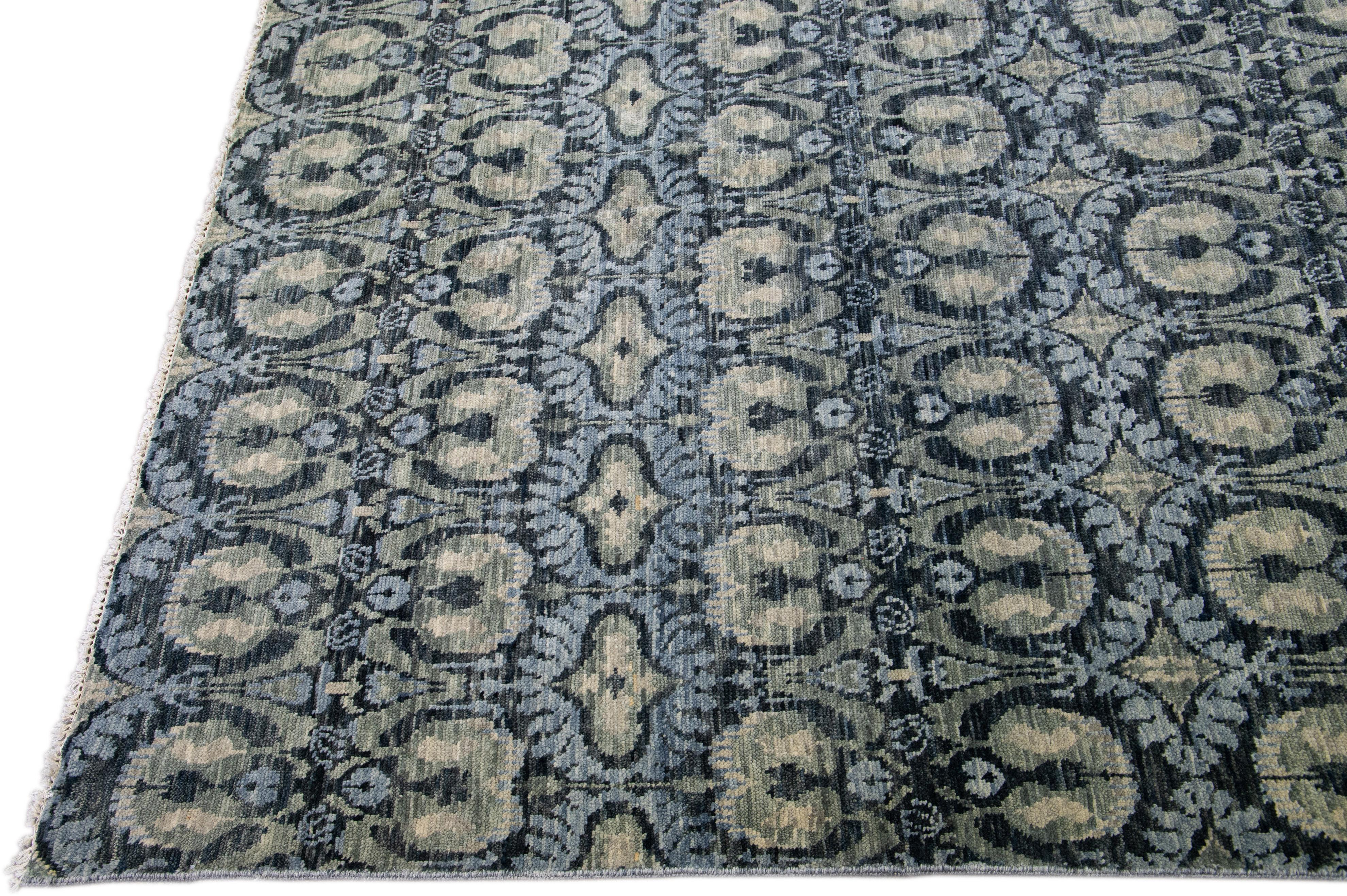 Indian Modern Ikat Handmade Oversize Blue Wool Rug with Allover Design For Sale