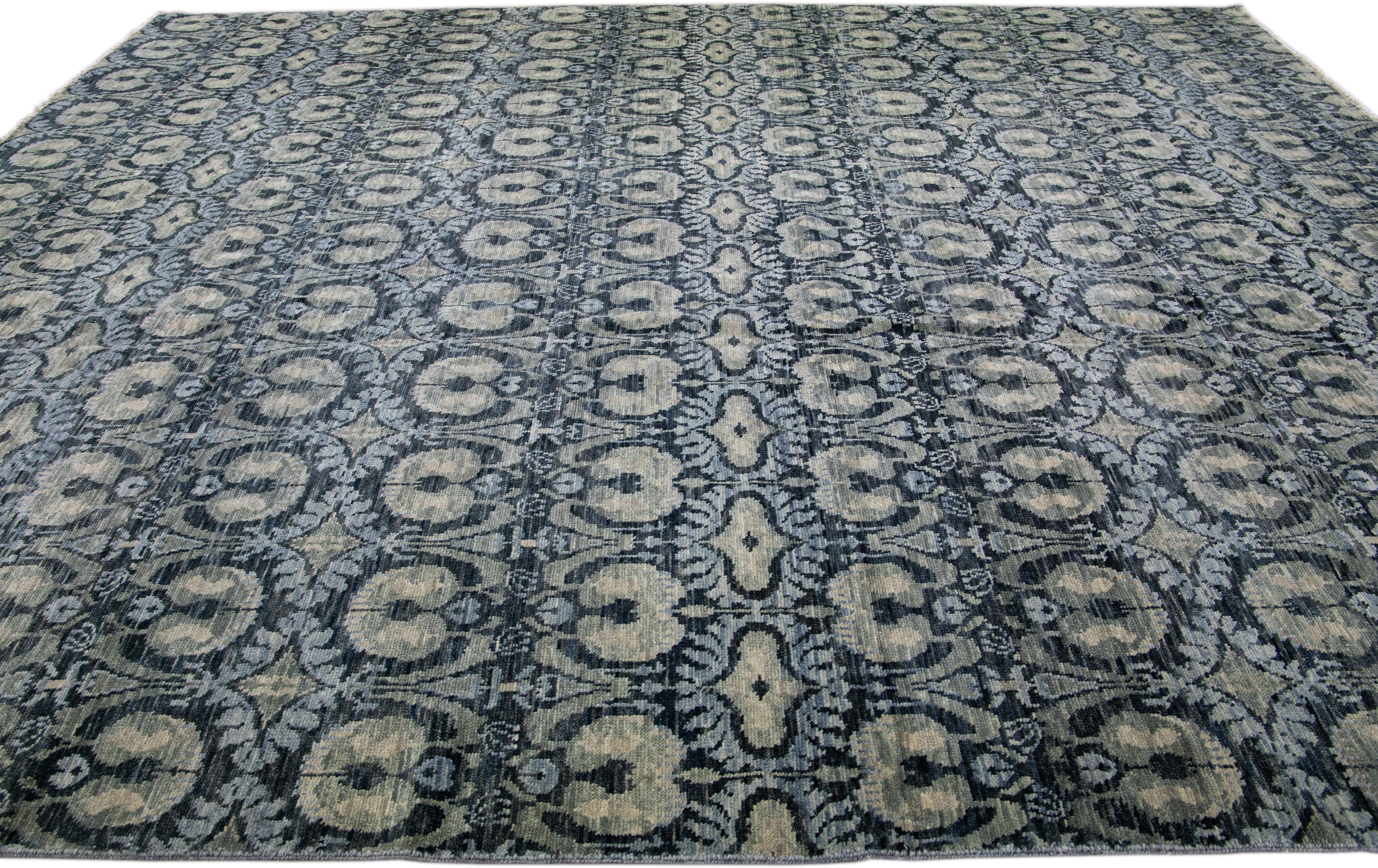 Hand-Knotted Modern Ikat Handmade Oversize Blue Wool Rug with Allover Design For Sale