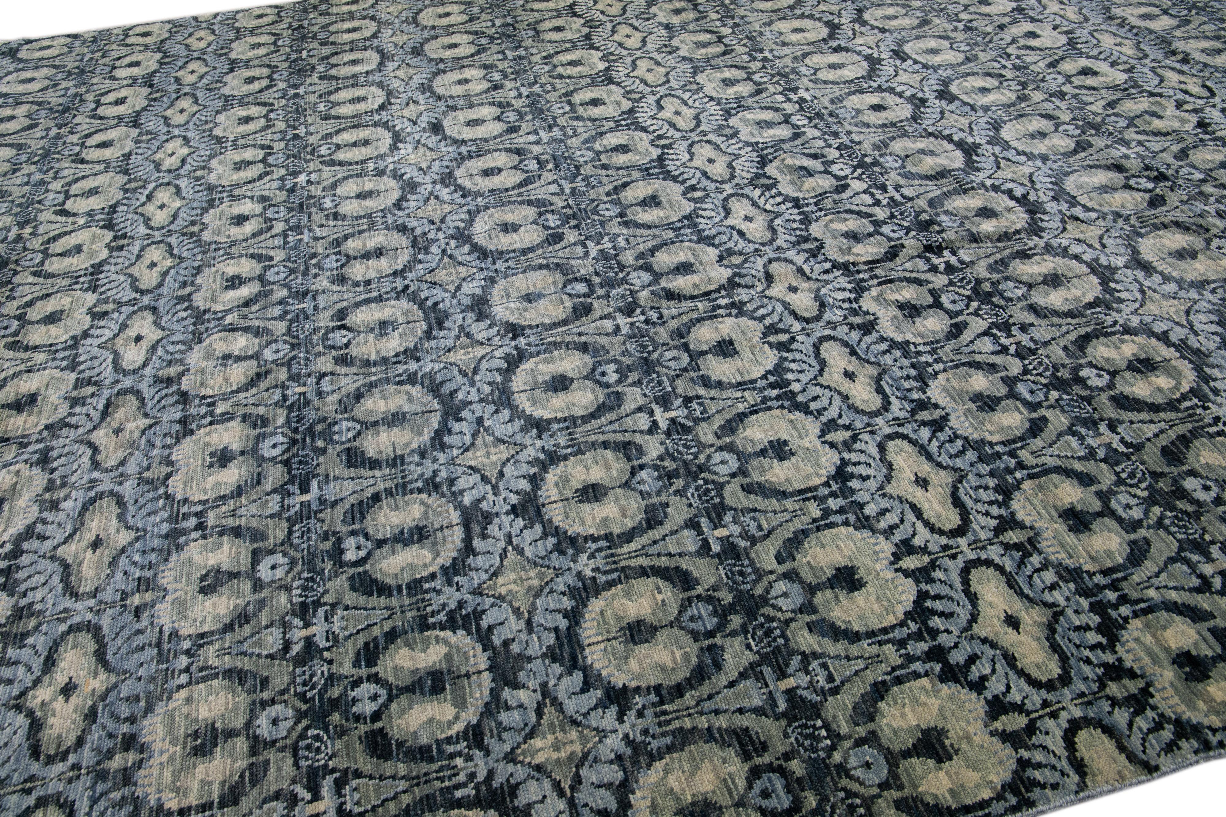 Modern Ikat Handmade Oversize Blue Wool Rug with Allover Design For Sale 1