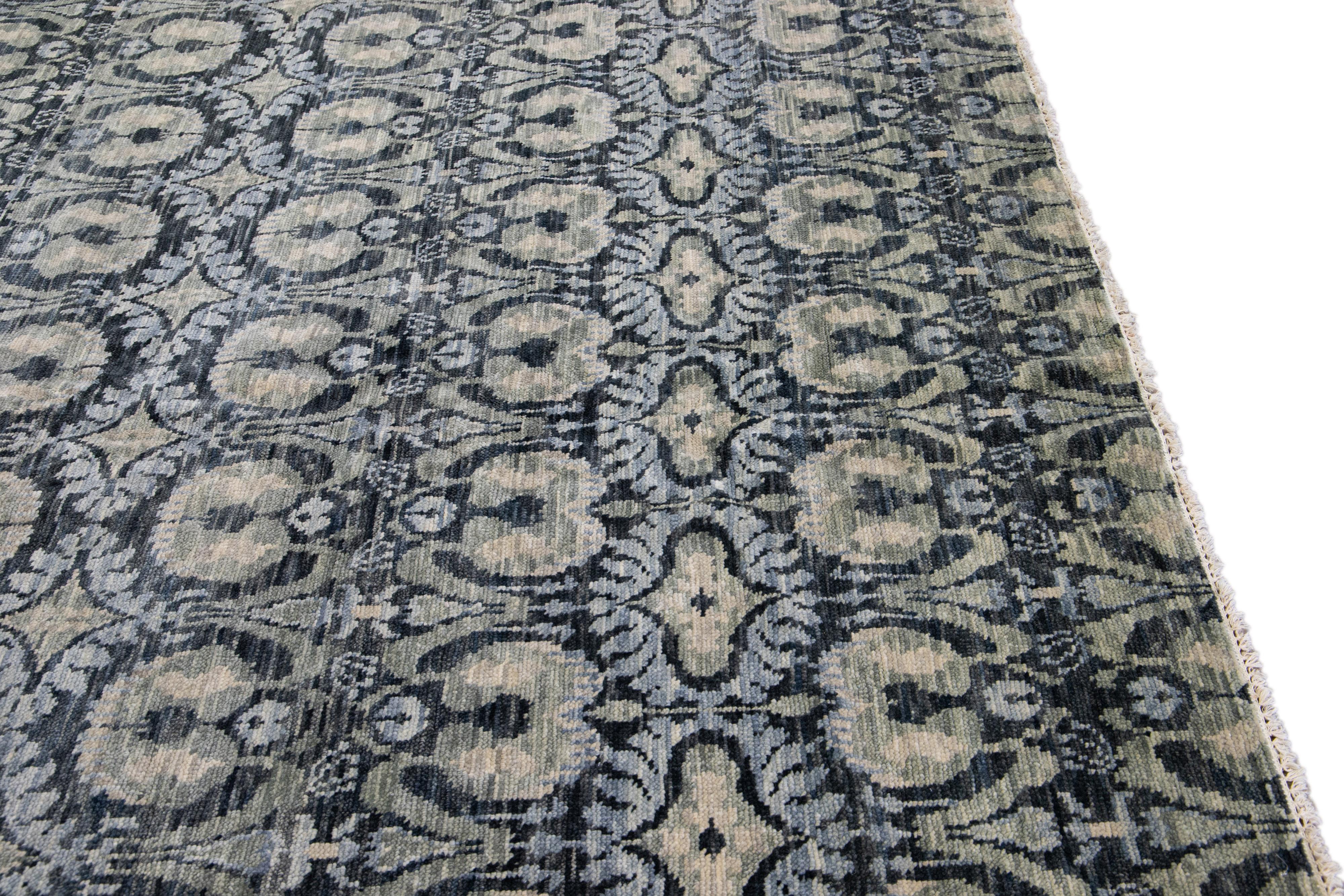 Modern Ikat Handmade Oversize Blue Wool Rug with Allover Design For Sale 2