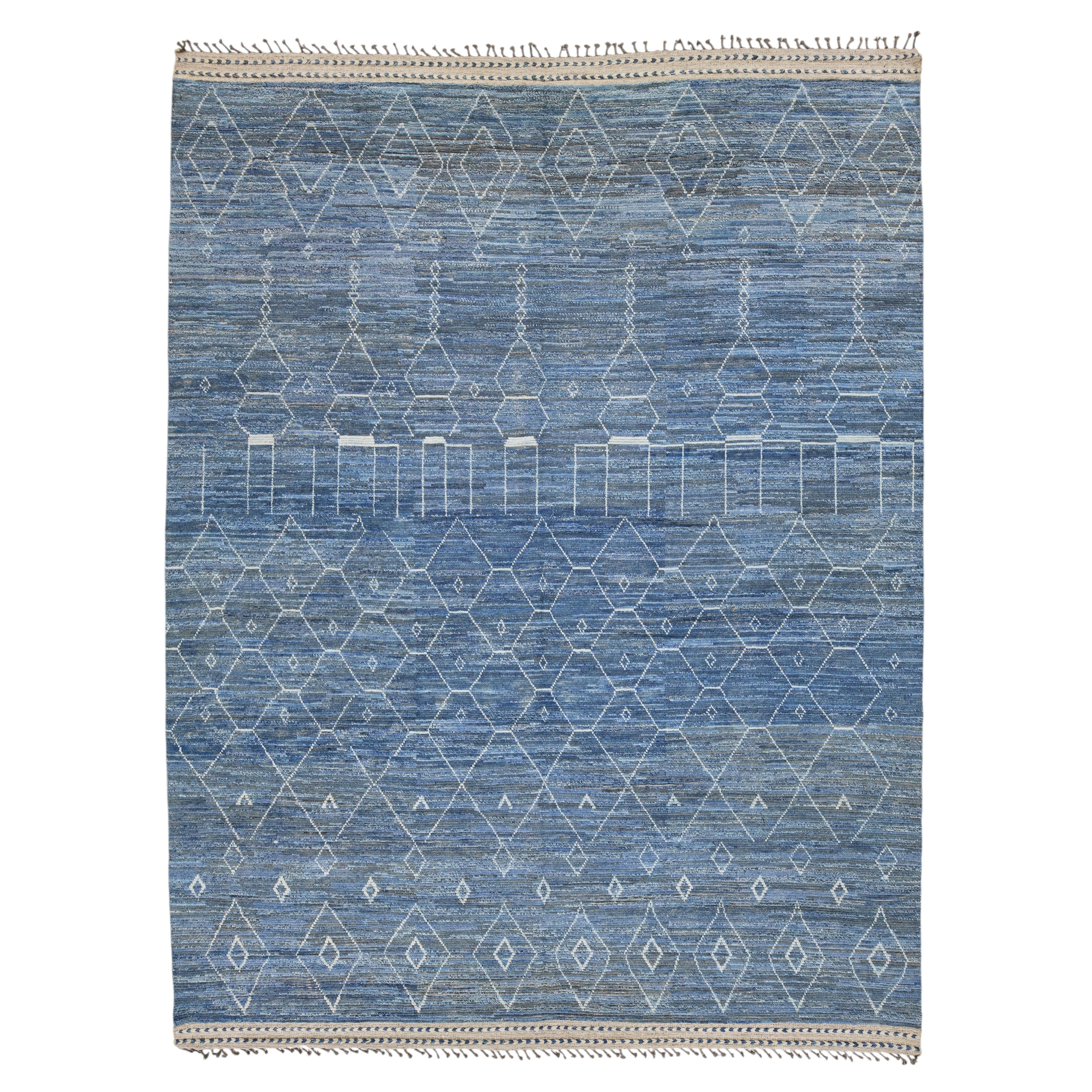 Modern Moroccan Indigo Blue Geometric Handmade Wool Rug 12x16
