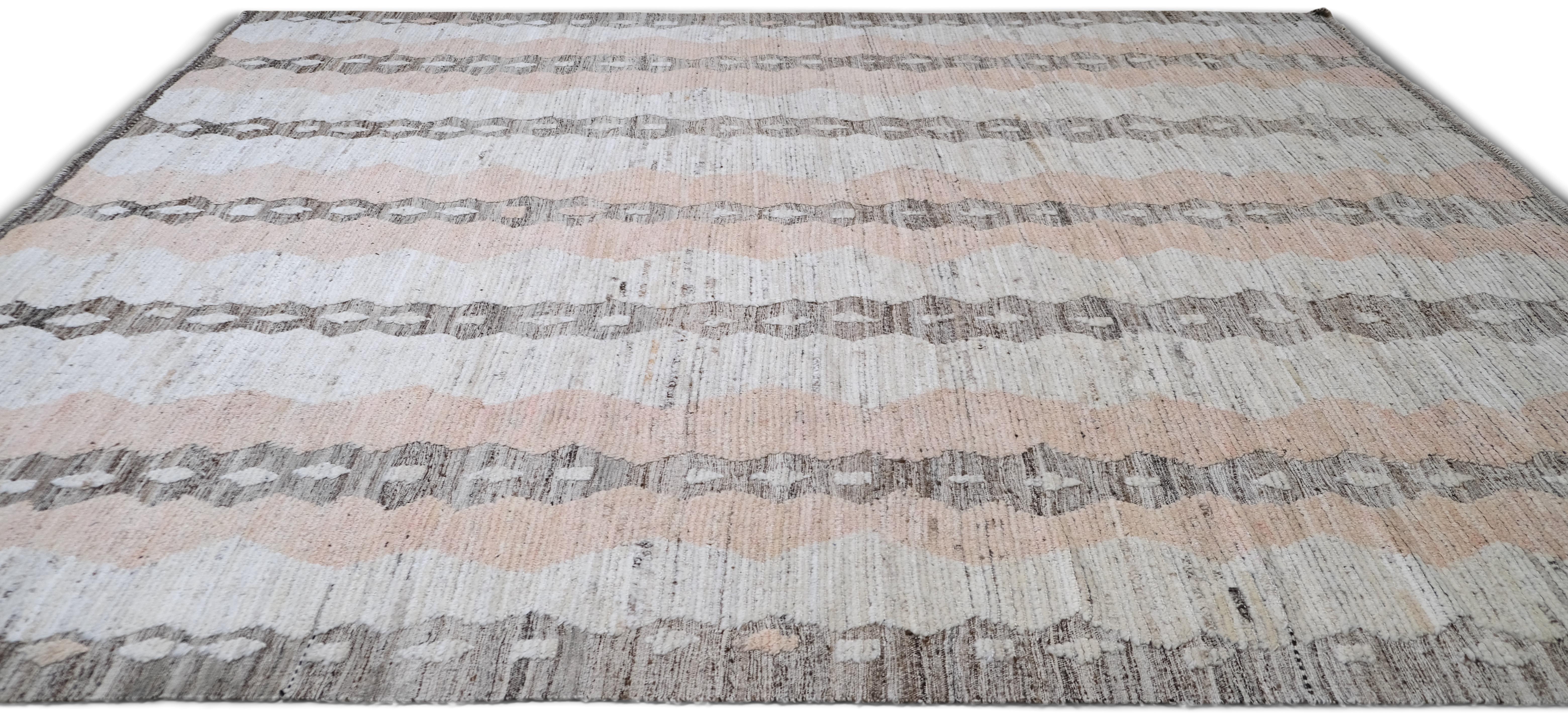 Hand-Knotted Modern Moroccan Inspired Geometric Patterend Wool Rug 10'6''x13'2'' For Sale