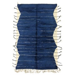 Modern Moroccan Mid Century Deco Blue Ivory High Low Rug by Silk Road Rug Inc.
