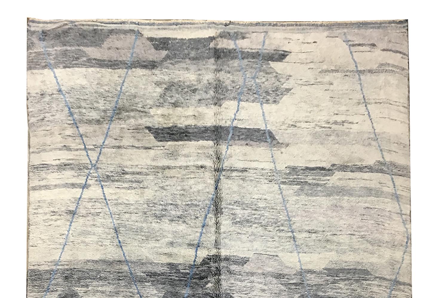 Modern Moroccan Mid Century Deco Gray  Blue Ivory Area Rug by Silk Road Rug Inc. For Sale 1