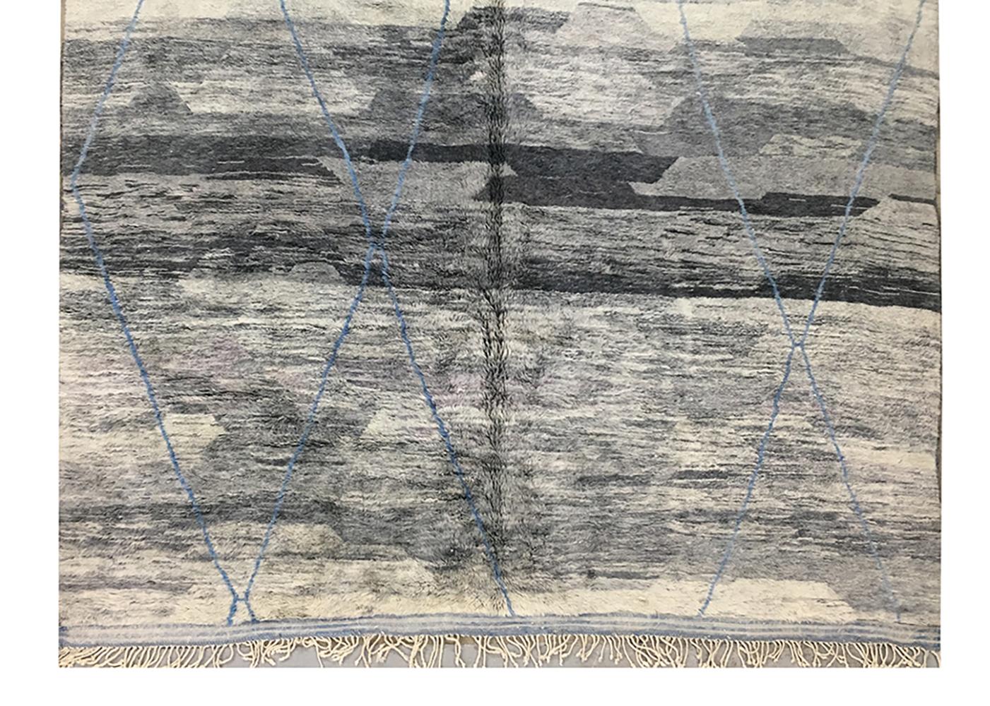 Modern Moroccan Mid Century Deco Gray  Blue Ivory Area Rug by Silk Road Rug Inc. For Sale 2