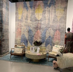 Modern Moroccan Mid Century Deco Gray Blue Ivory Pink Rug by Silk Road Rug Inc.