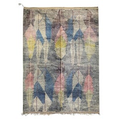 Modern Moroccan Mid Century Deco Gray Blue Ivory Pink Rug by Silk Road Rug Inc.
