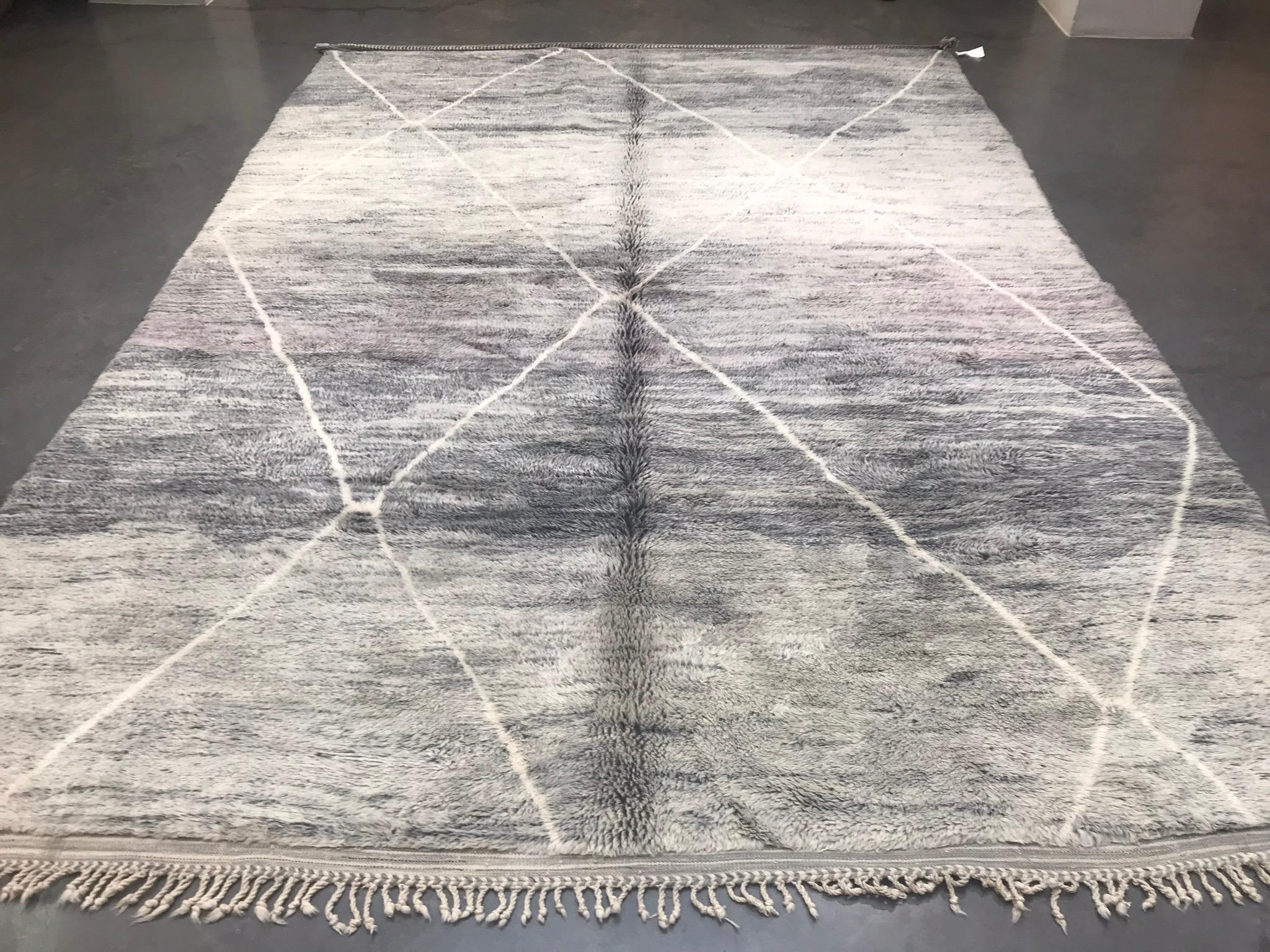 Mid-Century Modern Modern Moroccan Mid Century Deco Gray Ivory Lavender Rug by Silk Road Rug Inc. For Sale