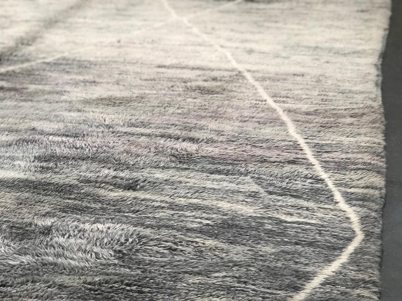 Hand-Knotted Modern Moroccan Mid Century Deco Gray Ivory Lavender Rug by Silk Road Rug Inc. For Sale