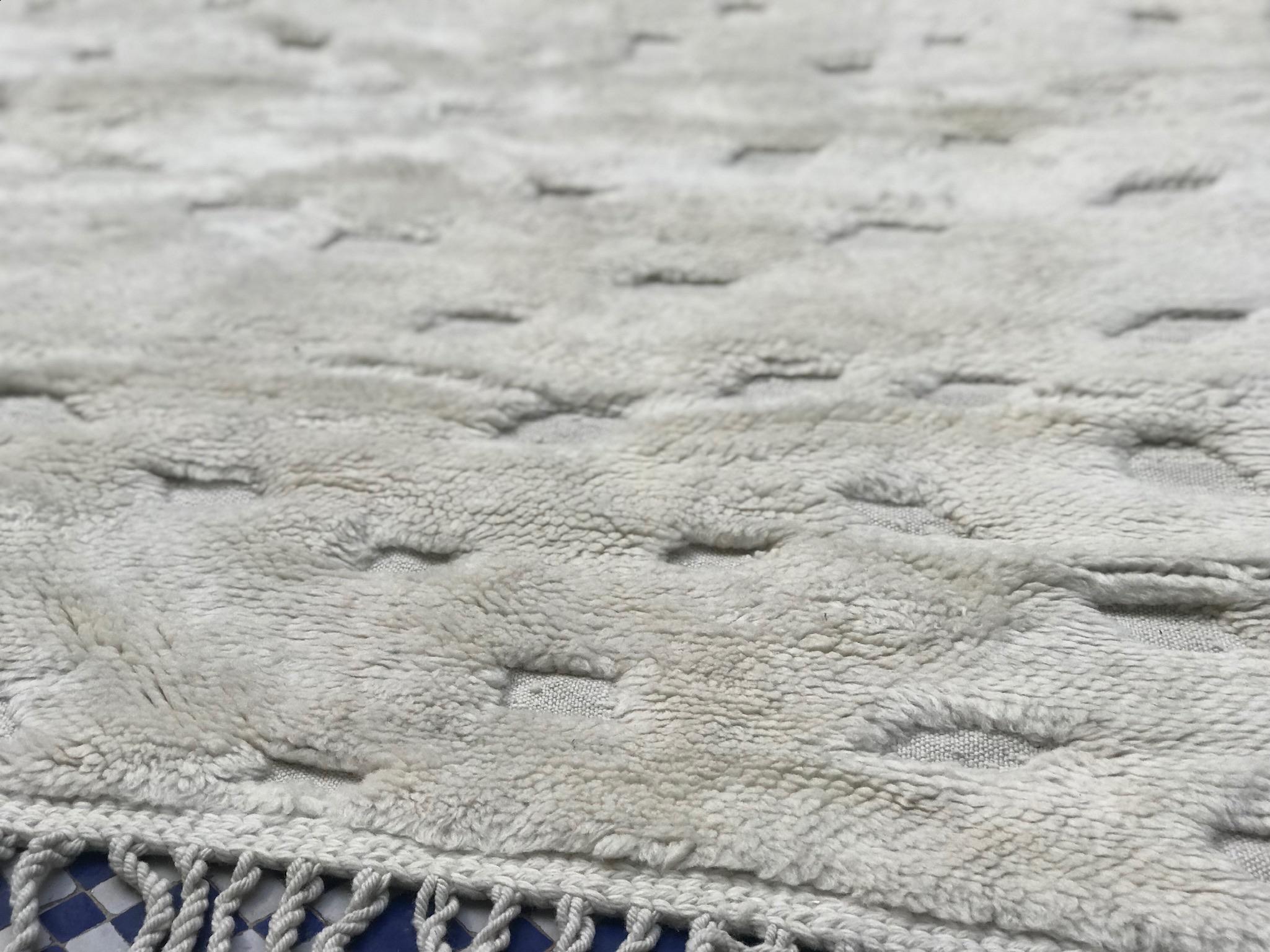 Hand-Knotted Modern Moroccan Mid Century Deco Ivory High Low Area Rug by Silk Road Rug Inc. For Sale