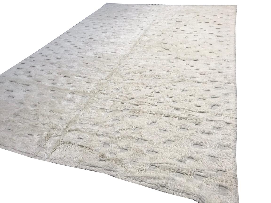 Wool Modern Moroccan Mid Century Deco Ivory High Low Area Rug by Silk Road Rug Inc. For Sale