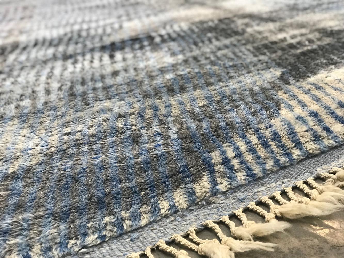 Mid-Century Modern Modern Moroccan Mid Century Gray Charcoal Blue Ivory Rug by Silk Road Rug Inc. For Sale