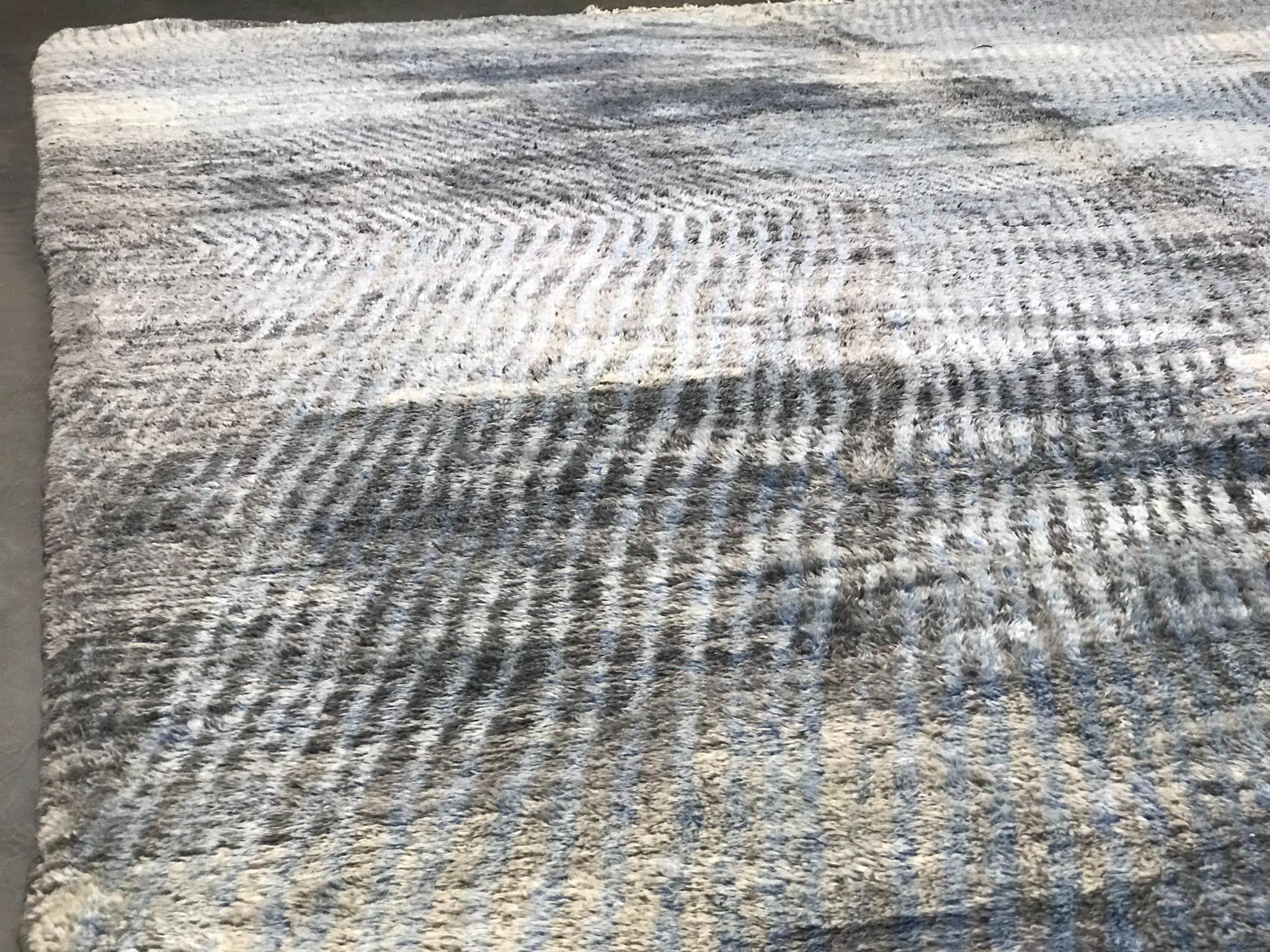Hand-Knotted Modern Moroccan Mid Century Gray Charcoal Blue Ivory Rug by Silk Road Rug Inc. For Sale