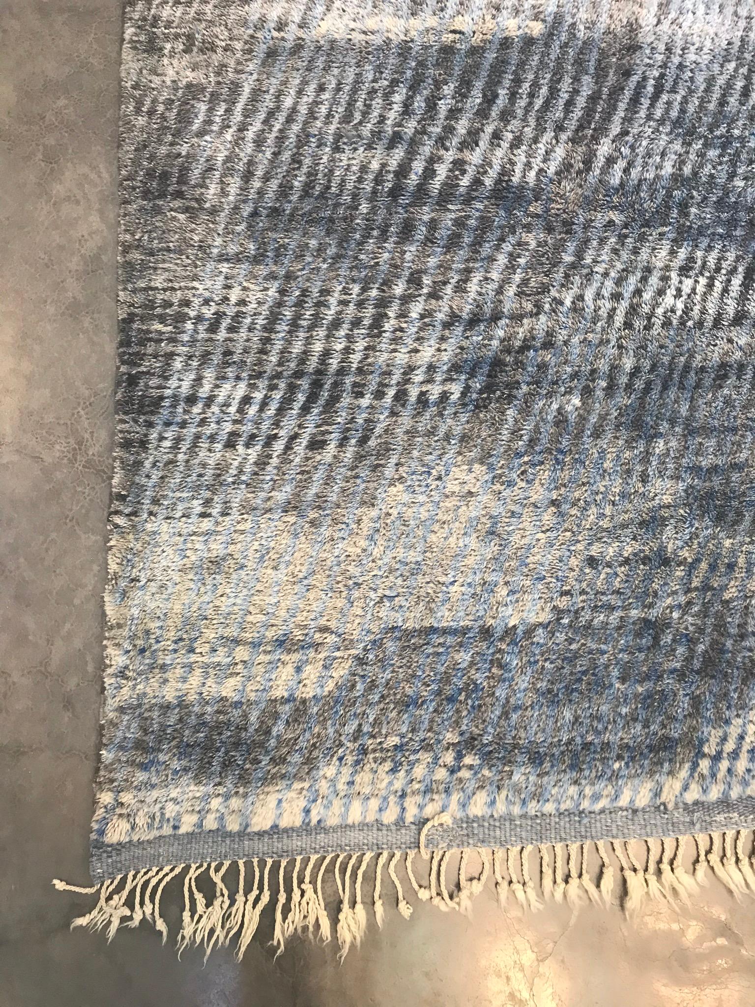 Wool Modern Moroccan Mid Century Gray Charcoal Blue Ivory Rug by Silk Road Rug Inc. For Sale