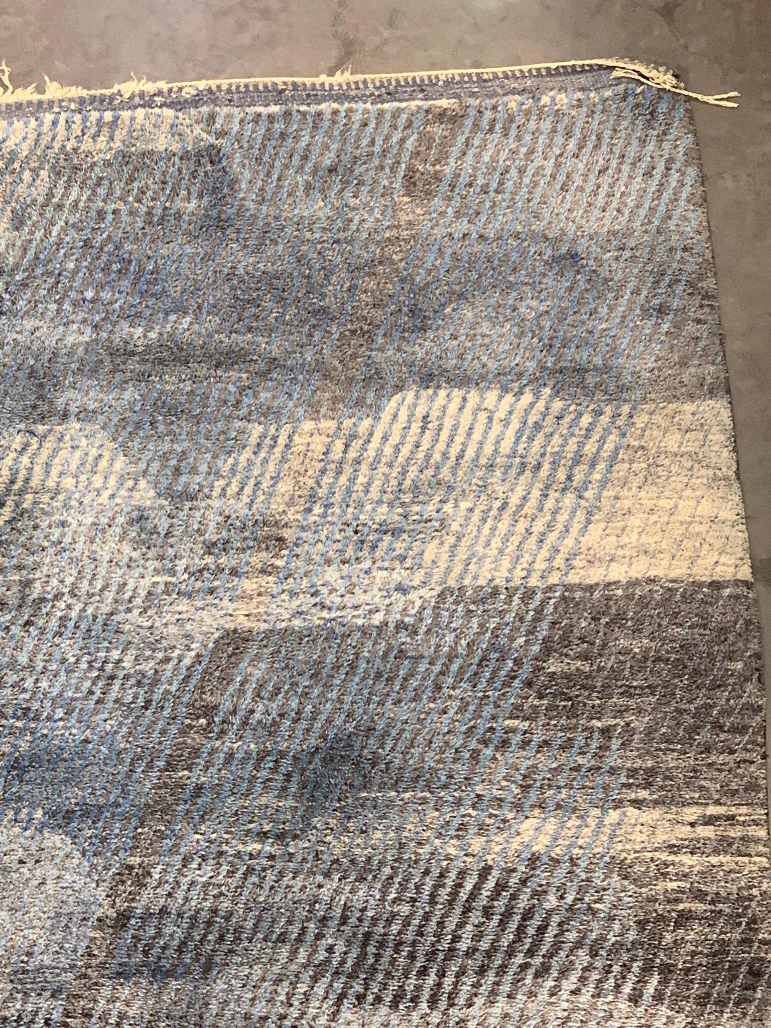 Modern Moroccan Mid Century Gray Charcoal Blue Ivory Rug by Silk Road Rug Inc. For Sale 2